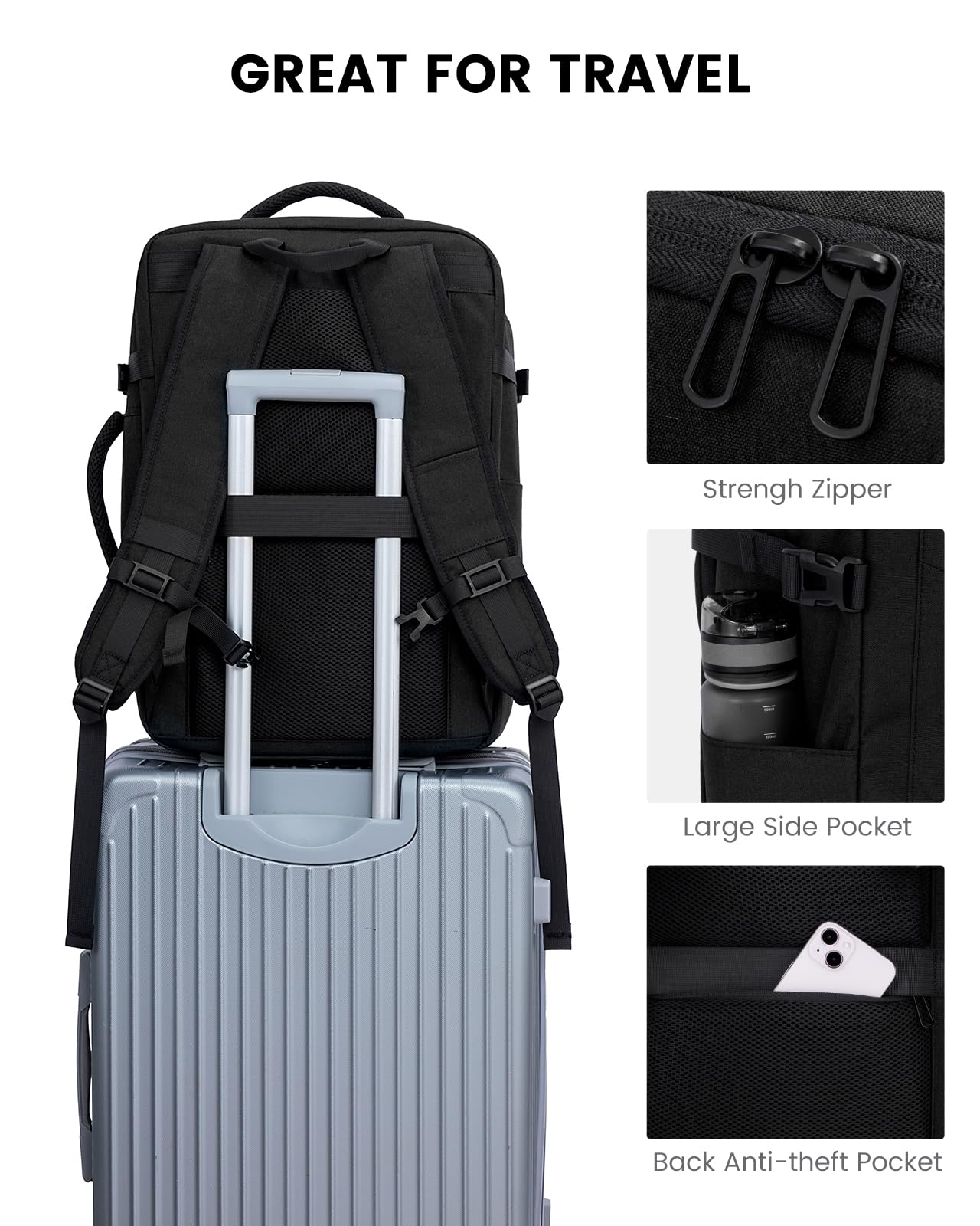 LOVEVOOK Travel Carry on Backpack, Large 40L Personal Item Travel Bag for Men & Women Flight Approved with 3 Packing Cubes, Suitcase Water Resistant Luggage Daypack Business Weekender Bag, Black