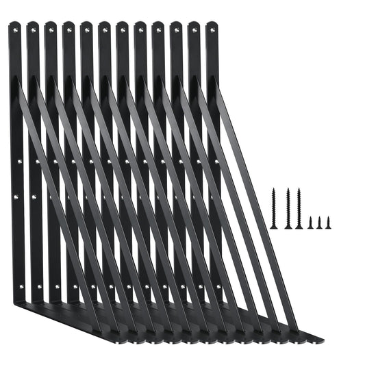 12 Pack L16 x H 10" Black Heavy Duty Shelf Brackets with Screws Metal Shelf Brackets Shelf Support Angle Brackets for Shelves L Brackets Heavy Duty Floating Shelf
