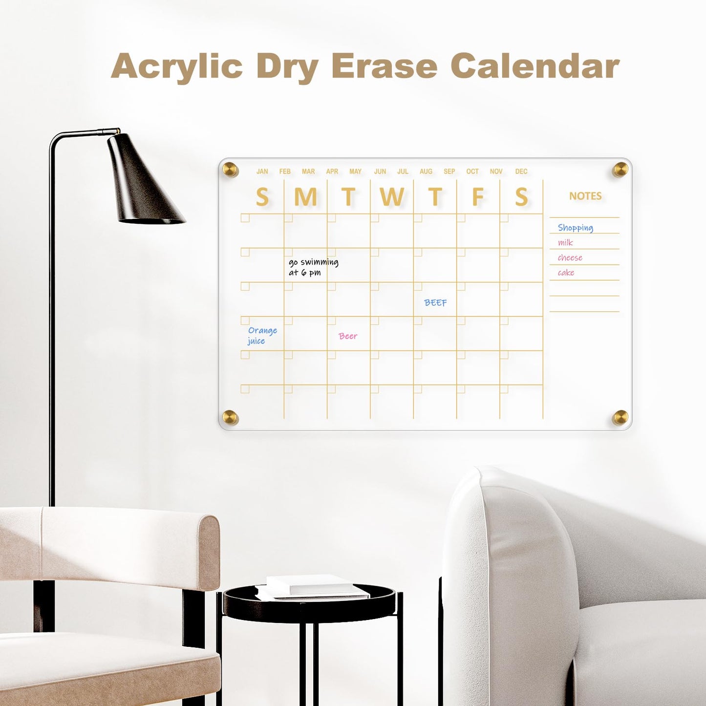 AMUSIGHT Large Acrylic Calendar for Wall, 24" X 16" Golden Clear Acrylic Wall Calendar, Clear Wet & Dry Erase Calendar Hanging Frameless Monthly Planner for Office, Home or School, 2 Markers