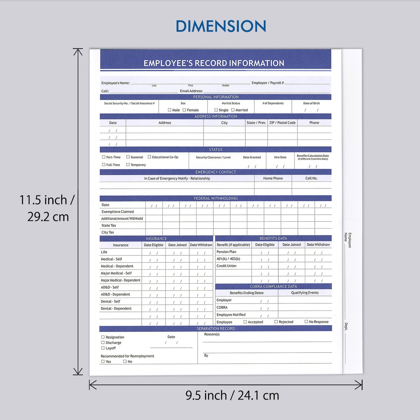 Employee Record Folders, Secure, Large Capacity and Durable Employee Info Record Organizer, Preprinted 25 Pack (Blue)