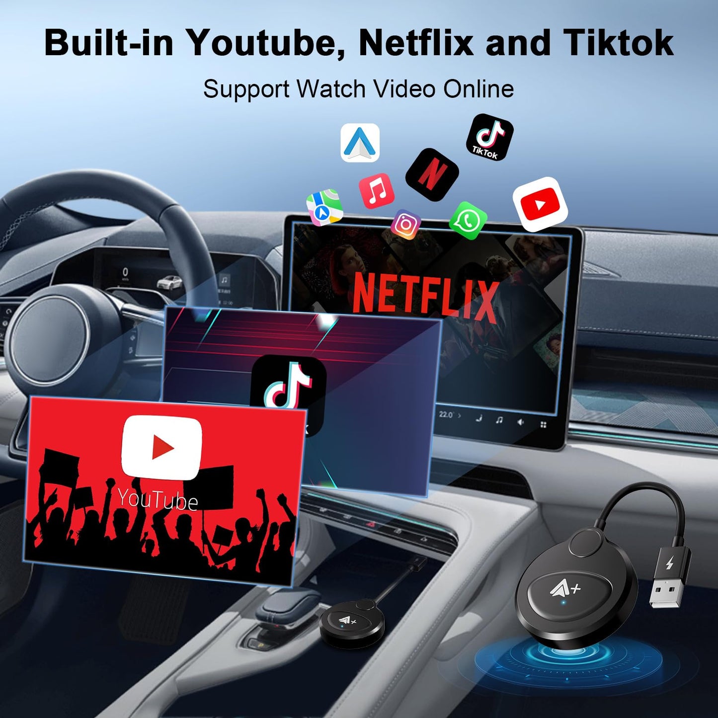 Android Auto Wireless Adapter Support Netflix YouTube Tiktok, Latest Wireless Android Auto Car Adapter for Factory Wired Android Auto to Wireless, Low Latency and Easy to Install