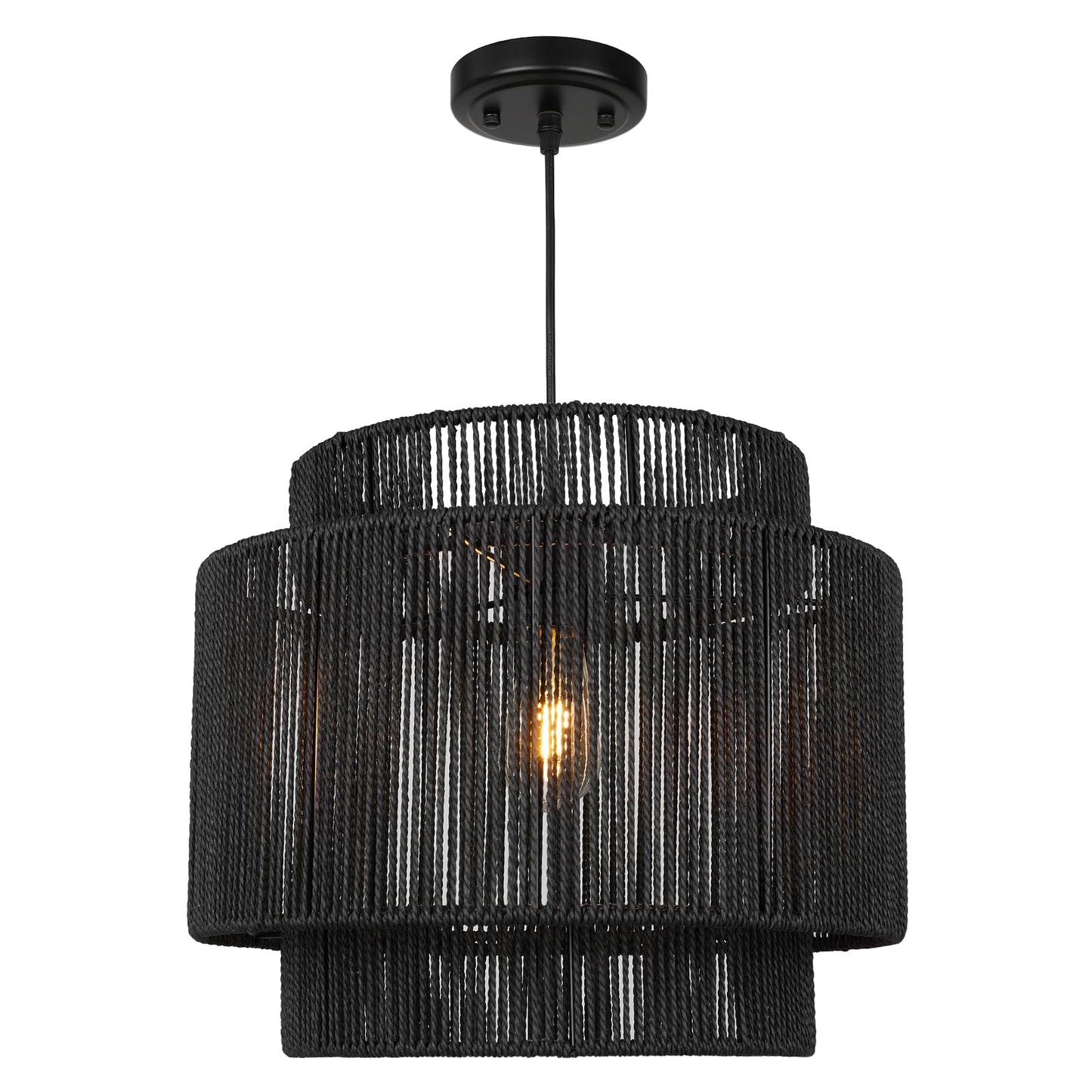 Rosient 16 Inch Large Natural Simple Hand Weaved Rattan Pendant Lamp, Coastal Beach Black Rope Hanging Pendant Light Fixture for Dining Room Living Room Bedroom Kitchen Foyer