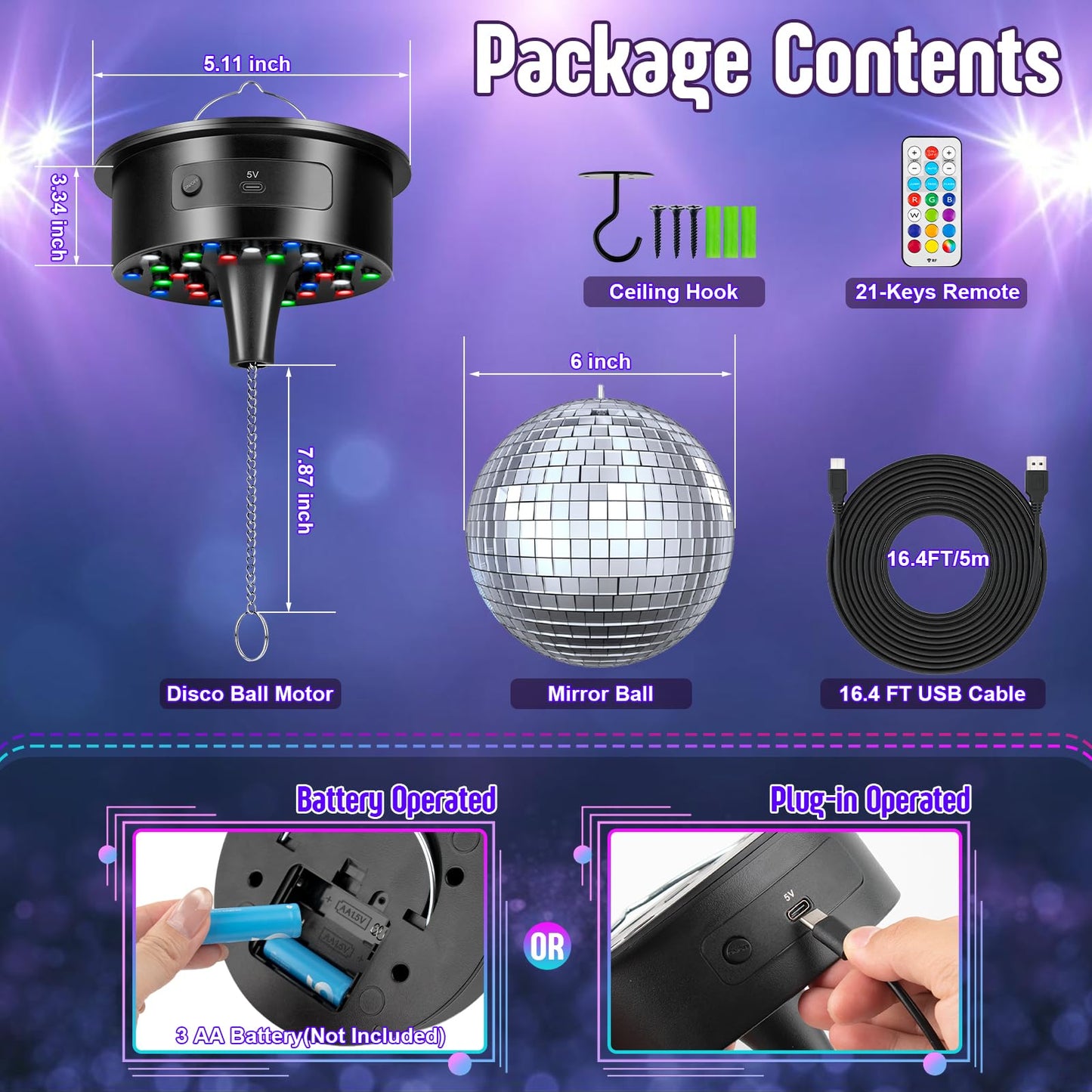 Disco Ball with Motor and 6 Inch Mirror Ball, Rotating 0/3/6/9/12/15 RPM Variable Speed,12 Lighting Colors and 4 Light Modes, 16 FT USB Power Cable and Remote Control, for Party Wedding Christmas