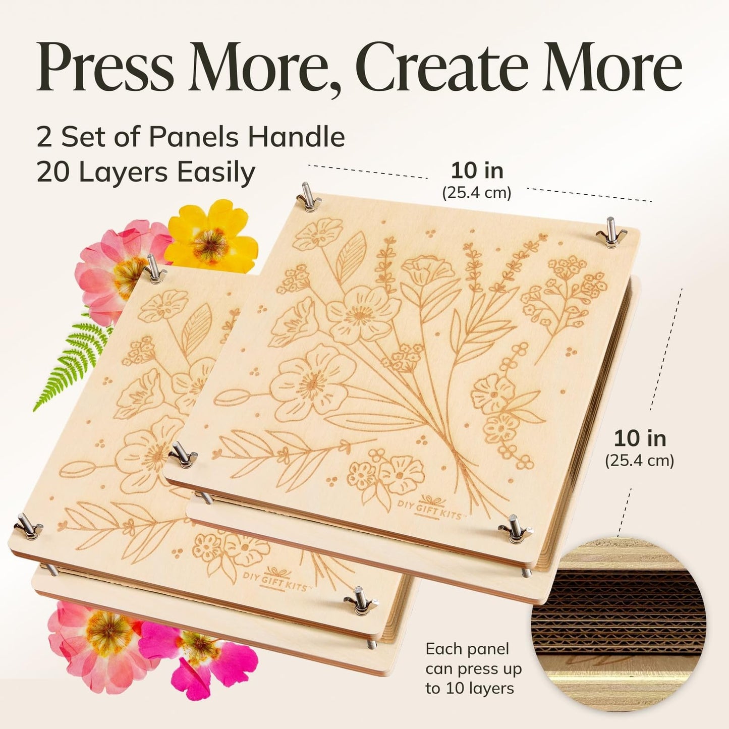DIY Gift Kits Dried Flower Press Kit - Easy Dried Flower Crafting & Preservation - Adult Beginner Gift Set - 10x10 Inch Wooden Panels, Set of 2