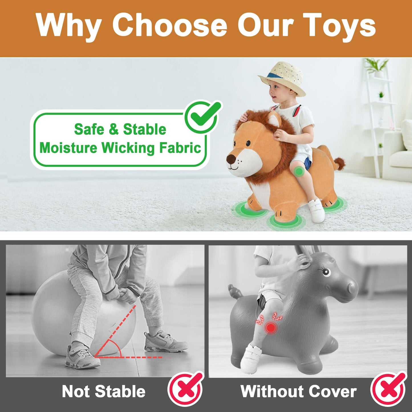 iPlay, iLearn Bouncy Pals Lion Hopper Toy, Toddler Plush Bouncing Animal, Inflatable Ride on Bouncer W/Pump, Indoor Outdoor Hopping Horse, Kid Jumping Toy, Birthday Gift for 2 3 4 5 Year Old Boy Girl
