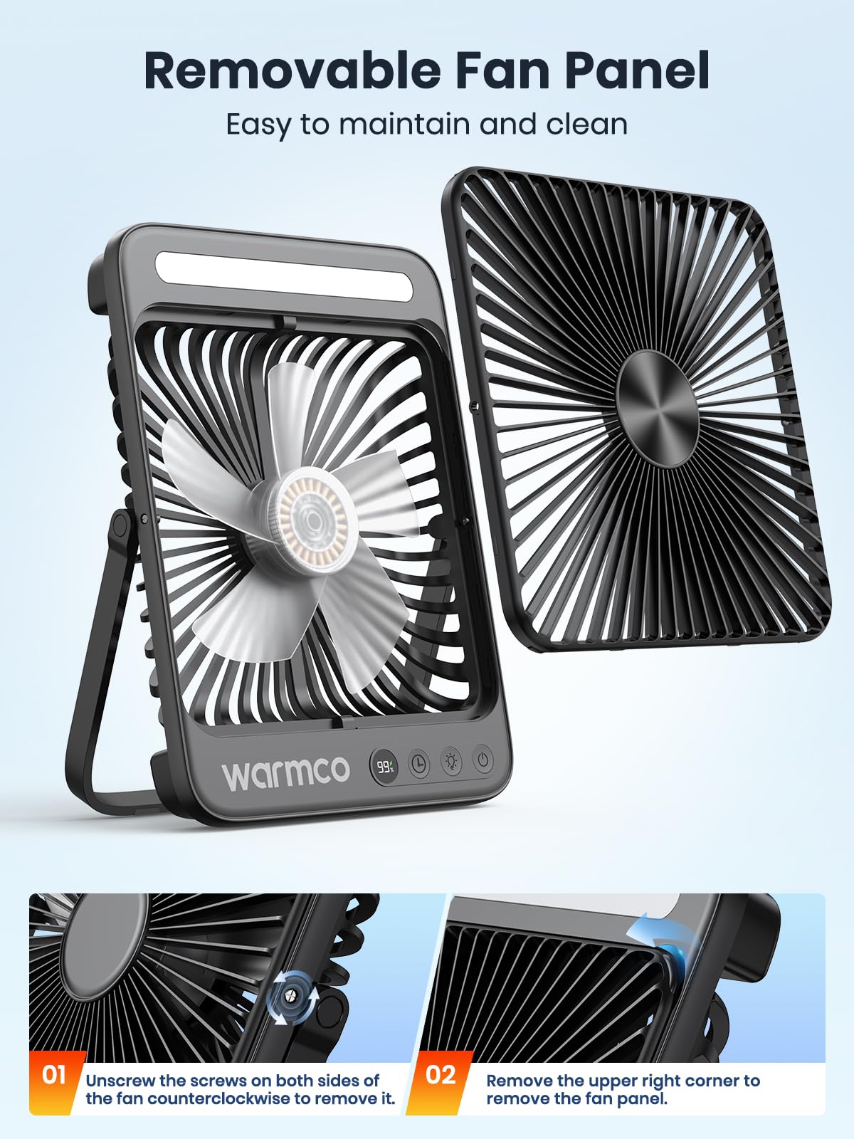 Warmco Battery Powered Fan, 20000mAh 22.5W 8-Inch Ultra-thin Rechargeable Camping Fan with LED Light, Up to 48H Runtime, 8H Timer, Portable Travel Fans for Sleeping, Outdoor, Indoor, Cruise Essential