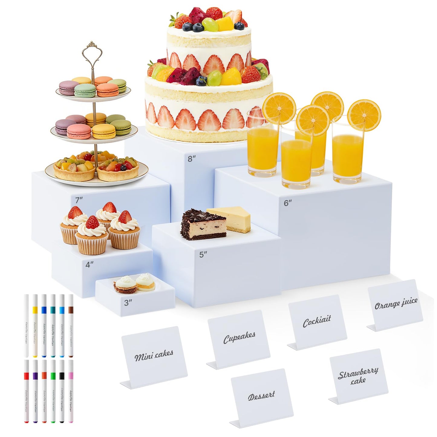 Nestable Buffet Risers - 6 Pcs White Acrylic Food Risers with Signs & Markers – Sturdy Dessert Table Display Stands for Parties, Catering, Jewelry & Collectibles (Easy-Store Stackable Cubes: 8", 7", 6", 5", 4", 3")