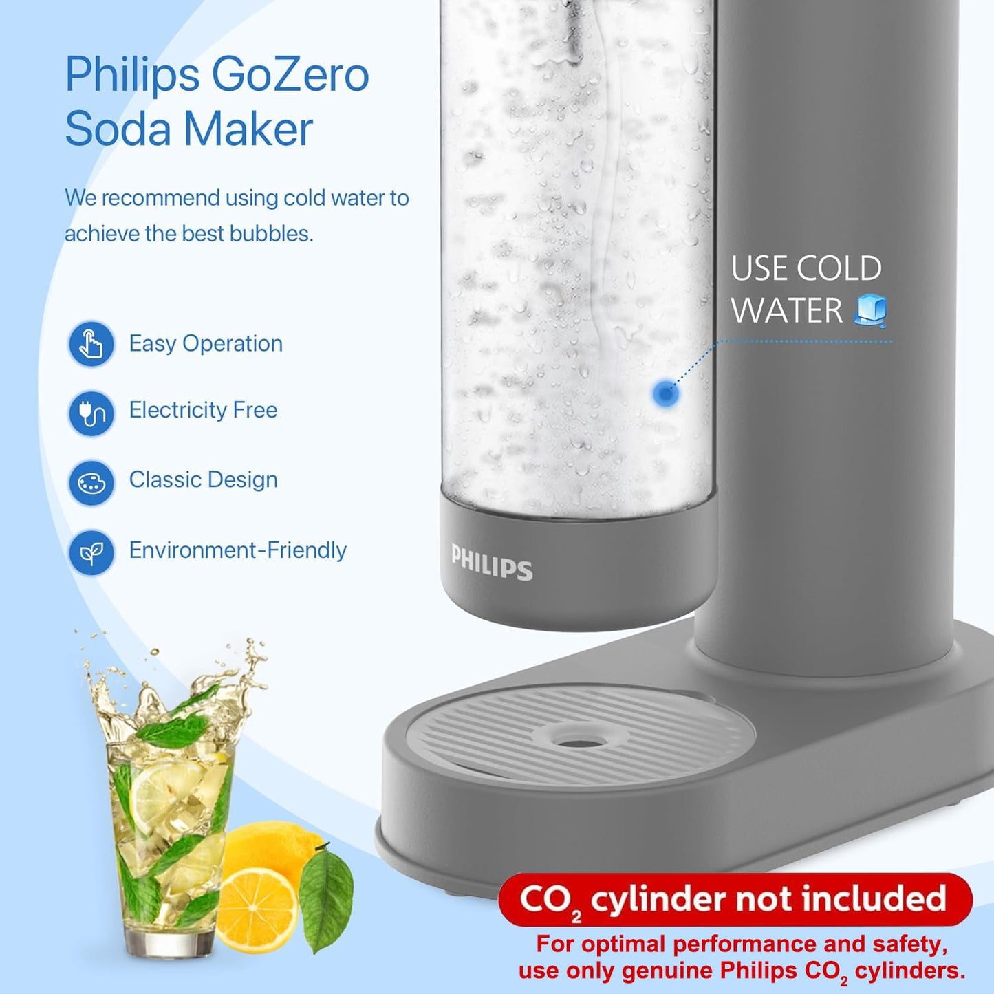 Philips Sparkling Water Maker ADD4901GROQ/37, Plastic Soda Streaming Machine with Quick Twist Bottle, 1L BPA free PET Carbonating Bottle, Soda Maker Compatible with 60L CO2 Carbonator (NOT Included)