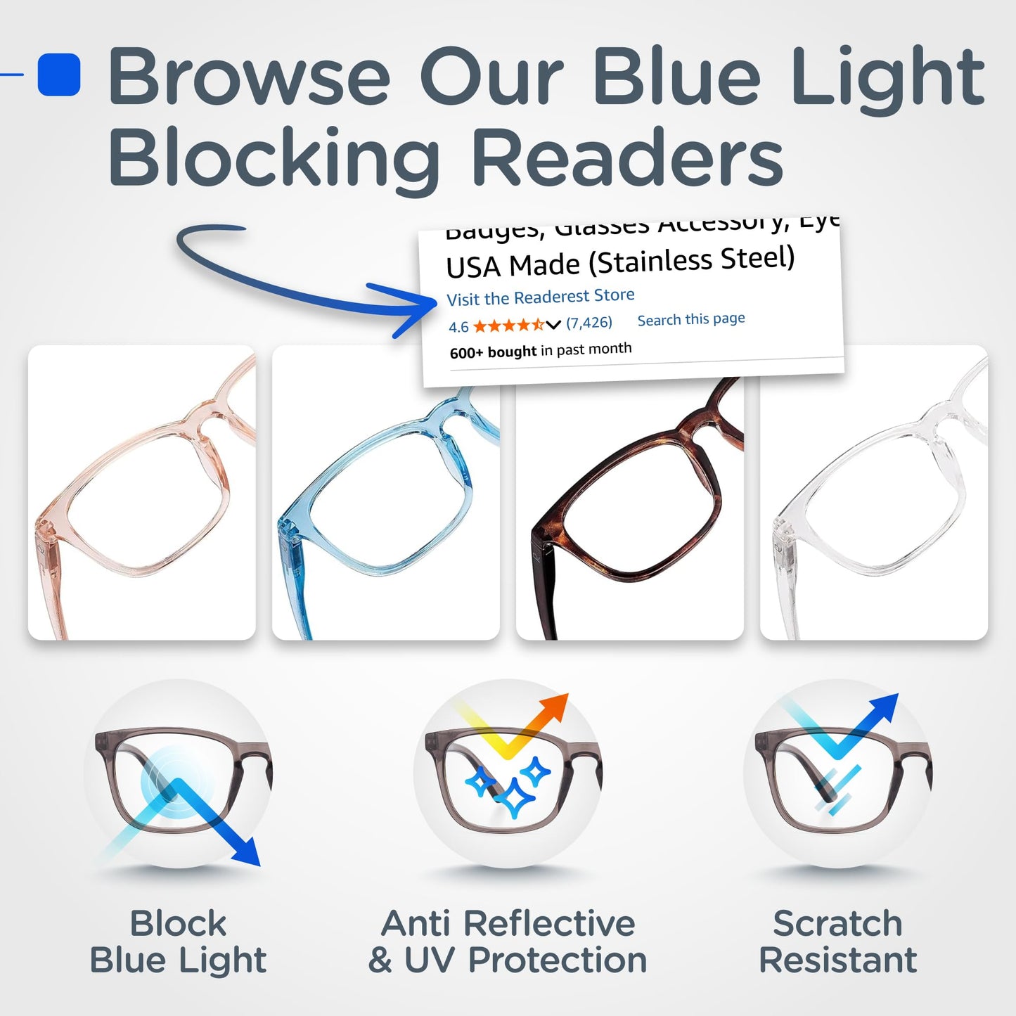 Readerest Magnetic Eyeglass Holders (4 Pack) Eyewear Accessory Clip for Readers & Sunglasses, ID Badge Clip for Conferences, USA Made (Black & Stainless Steel)
