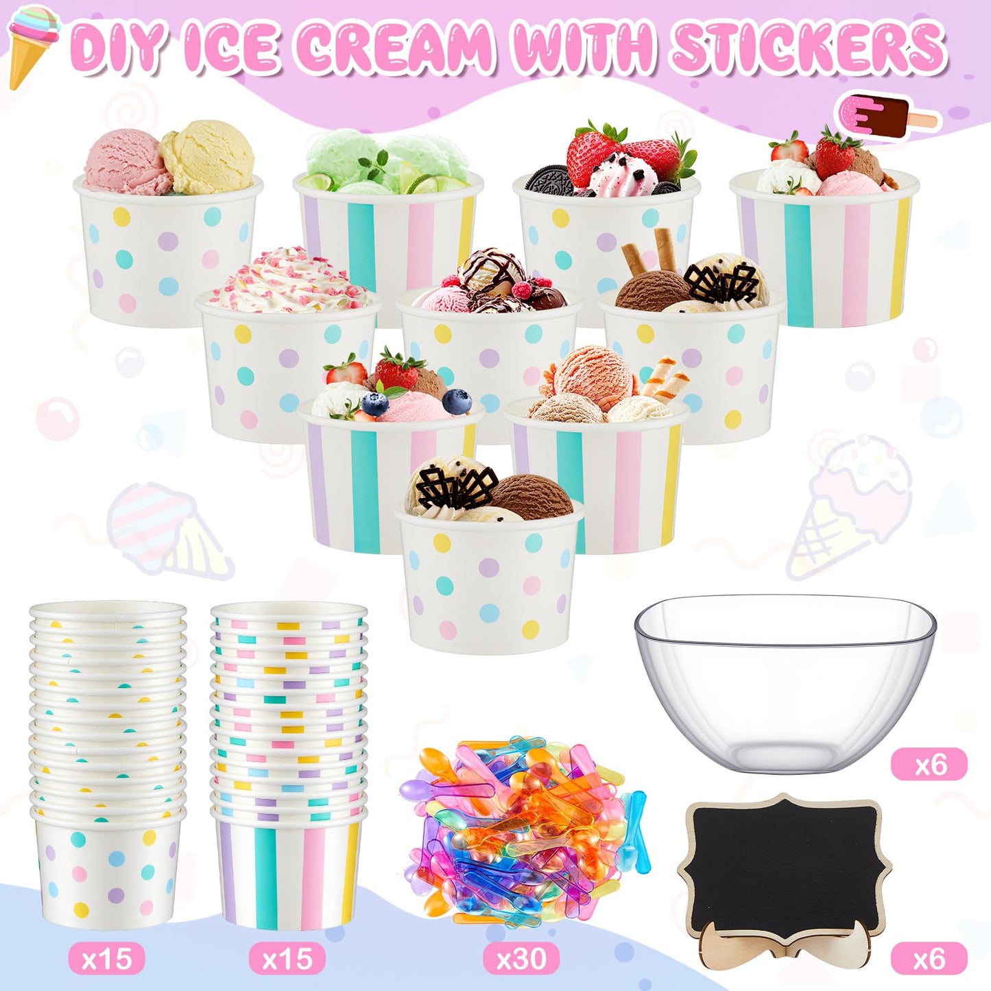 Ferrochef 85 Pcs Ice Cream Party Supplies Kit – Ice Cream Bar Decorations Set with Cups, Scoops, Salad Bowls Withtongs, Tasting Spoons, Chalkboard & Markers — Ideal for Birthday, Summer Party