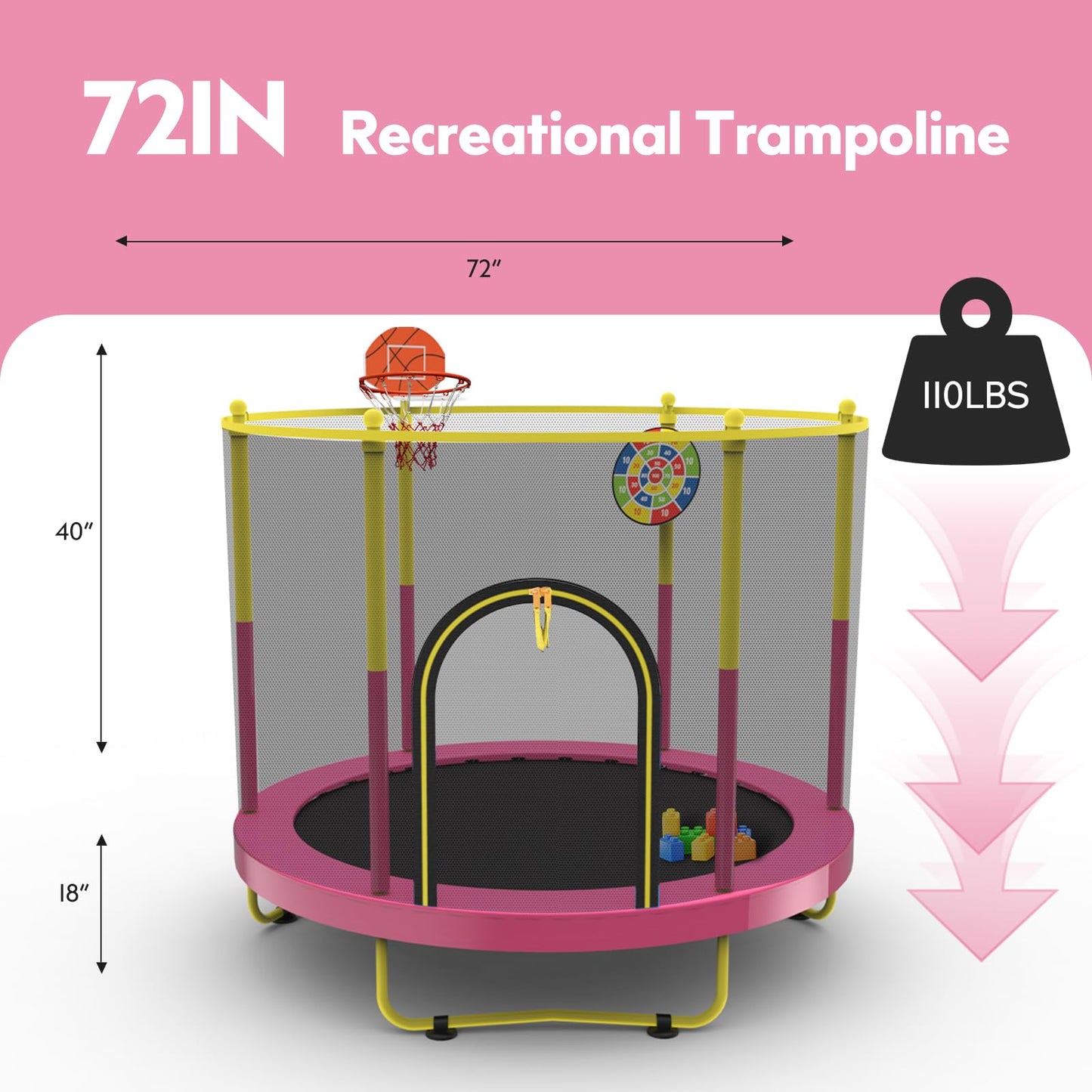 72" Trampoline for Kids with Net,6 FT Indoor & Outdoor Small Toddler Trampoline with Basketball Hoop & Dart Board for Ages 1-8, Birthday Gifts for Boys & Girls, Baby Toddler Christmas Toys Pink
