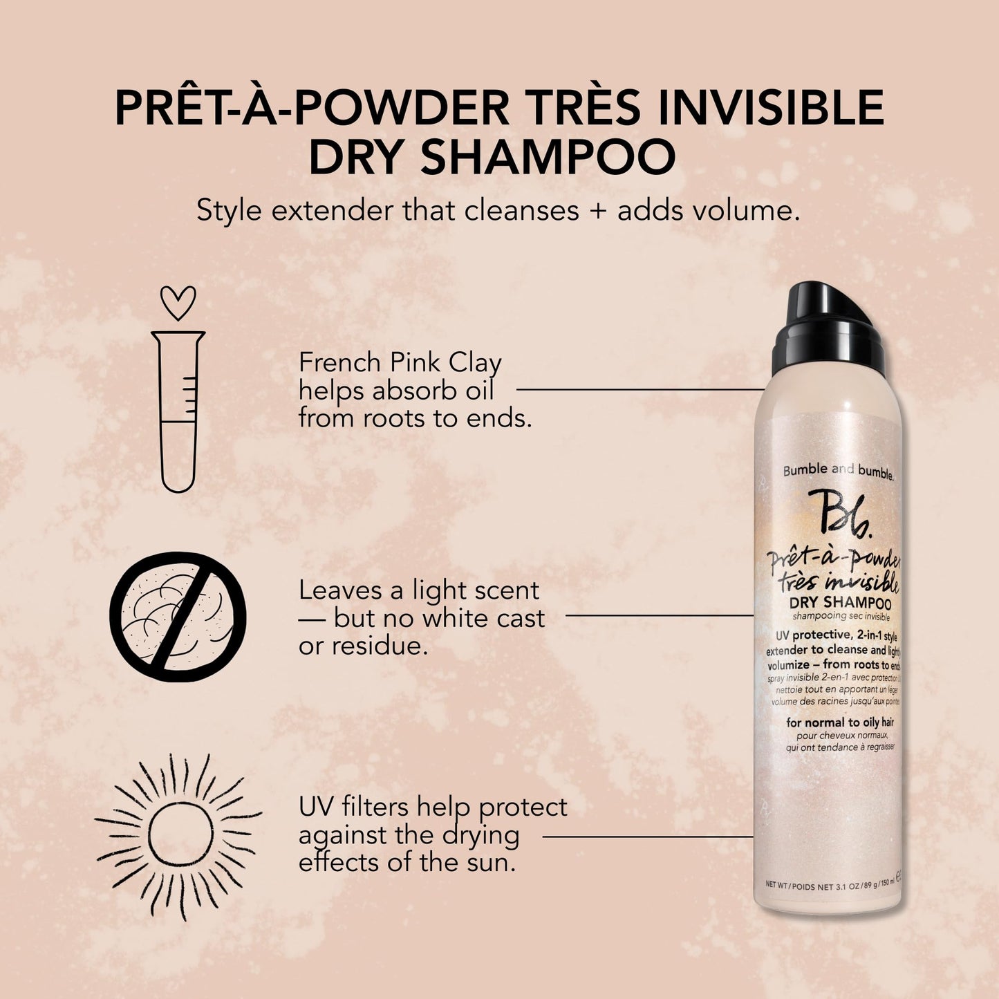 Bumble and bumble. Prêt-à-powder Très Invisible Volumizing Dry Shampoo | Volumizing, Dry-Cleansing, UV Protective + Absorbs Oil | Curly, Wavy, Straight, 3.1 Ounce