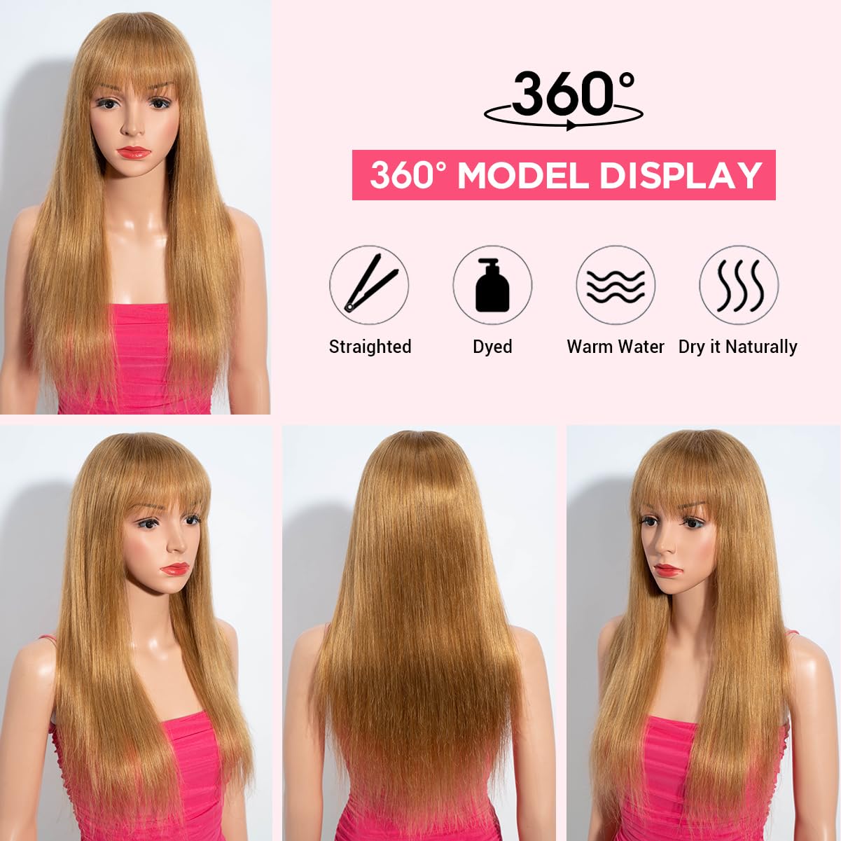 Rebecca Fashion 20 Inch Honey Blonde Straight Wigs with Bangs Human Hair Wigs for Black Women None Lace Front Wigs 10A Brazilian Virgin Hair Glueless Machine Made Wig