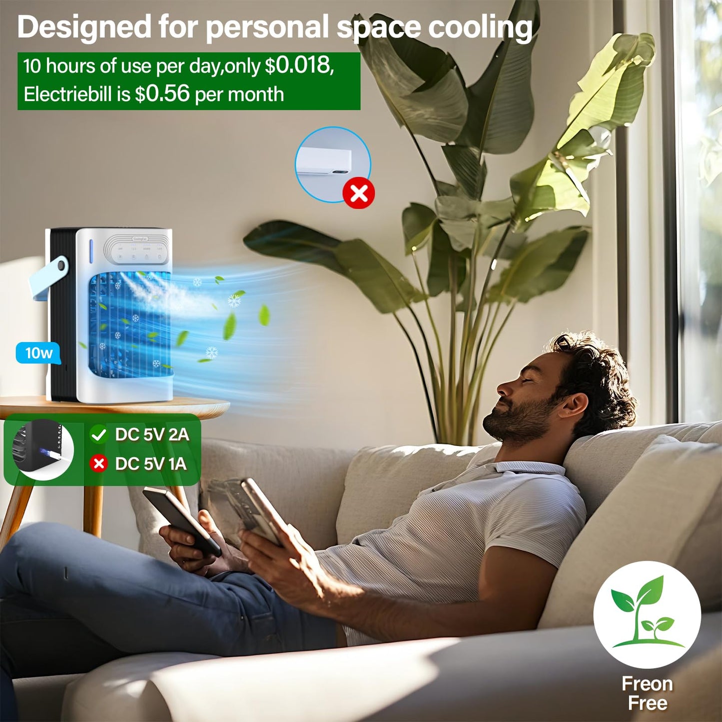 Portable Air Conditioner Cooling Fan with Remote, Quiet with 3 Speeds, 1200ml Personal Air Cooler Fan with 3 Mist, 7 Night Light, 8H Timer, Small Air Conditioner for Bedroom Office (White)