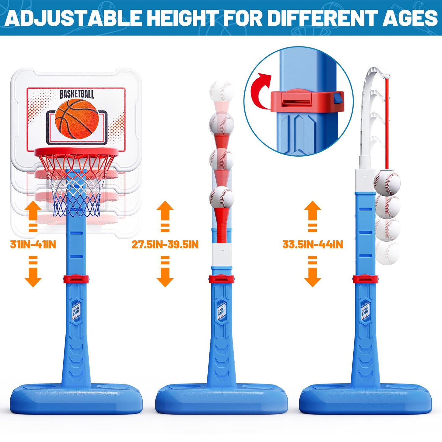 3 in 1 Kids Basketball Hoop and T Ball Set, Adjustable Height Toddler Basketball Hoop, Hanging Tee Baseball, Indoor Outdoor Sports Toys Gifts for Toddlers Boys Girls Ages 3 4 5 Year（Blue