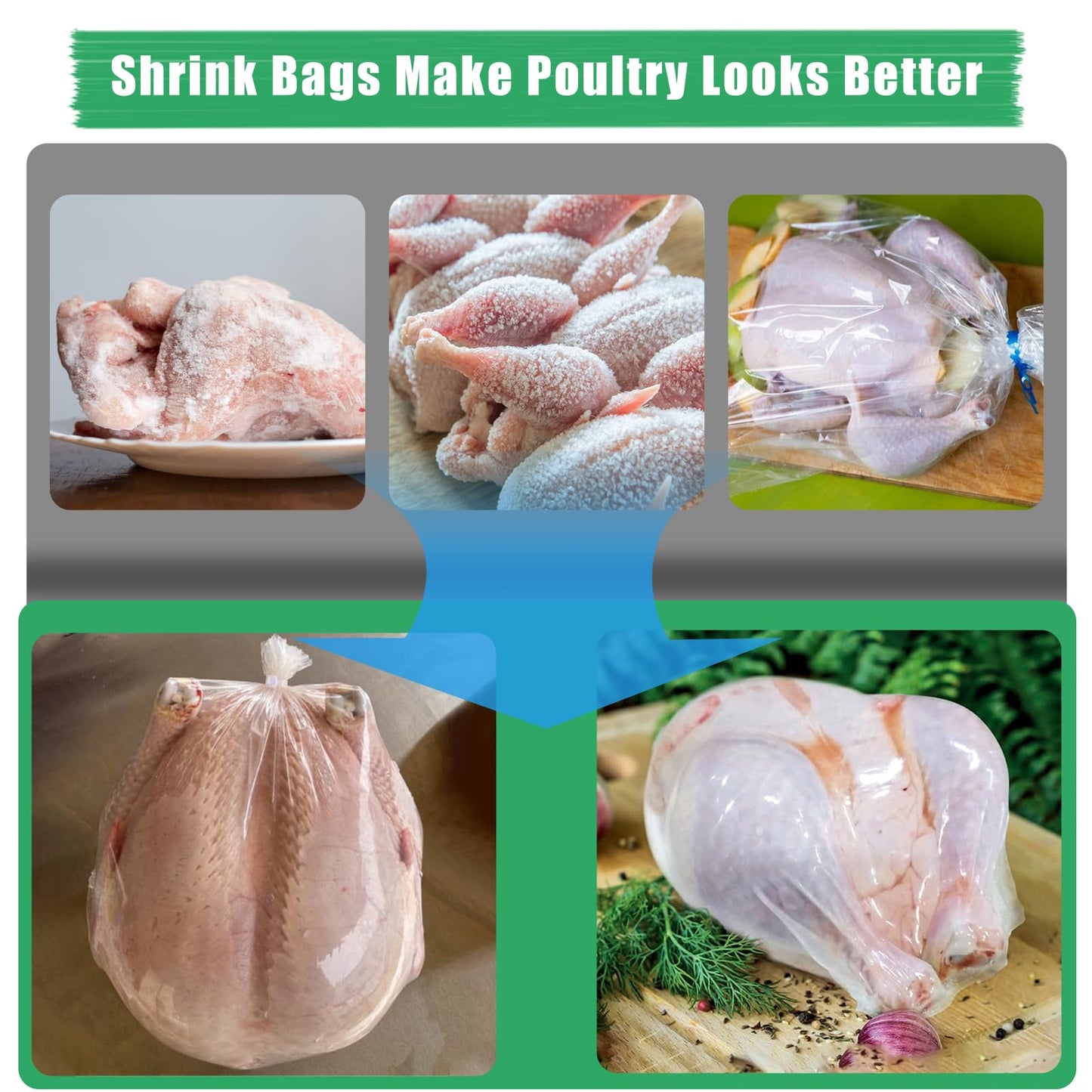 Poultry Shrink Bags(13x18'' - Bulk 100 Pack) BPA Free and Freezer Safe, Heavy Duty Heat Resistant Brining Bags for Turkey, Chicken, Rabbit,Includes 100 Zip Ties + Silicone Straw