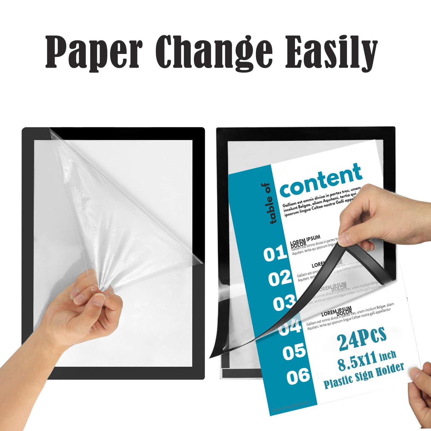 JIUYE 8.5x11 Magnetic Sign Holder Wall Mount,Self-Adhesive Plastic Display Frames,Clear PVC Sign Holder with Magnet Strip Border for Window/Door/Fridge/Document Notice Paper(24Pcs,Black)