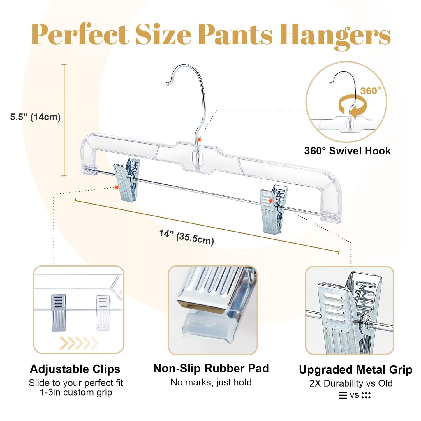 HOUSE DAY 50 Pack Skirt Hangers Pant Hangers with Clips, Clear Plastic Hangers for Pants, Skirts, Shorts, Versatile Use Clip Hanger, Retail Hanger
