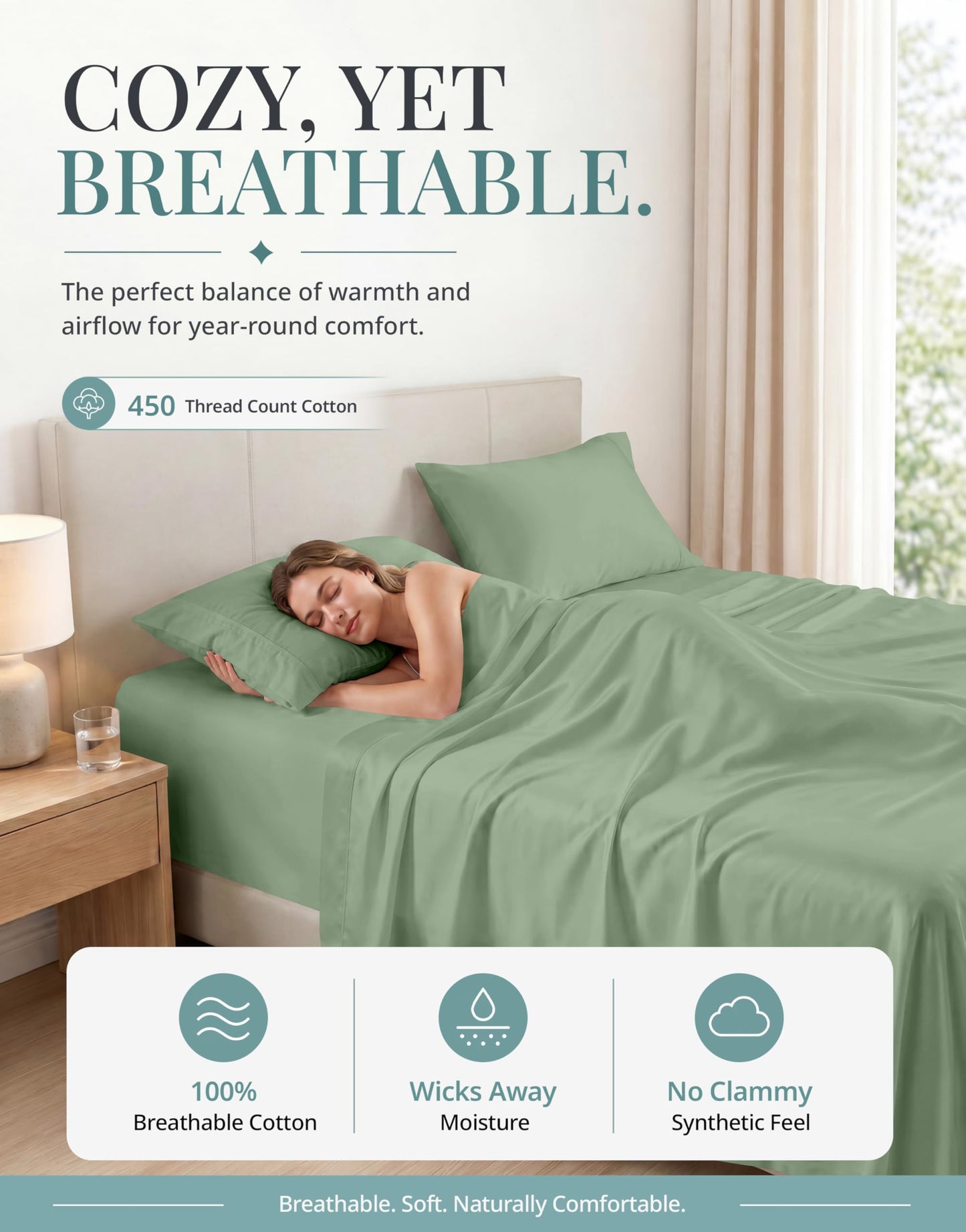 LANE LINEN Queen Sheet Sets – Natural 100% Cotton 450 Thread Count Premium Sheets, Soft Comfort for Restful Sleep, Easy Care & Machine Washable for Everyday Use, 15" Deep Pocket – Iceberg Green
