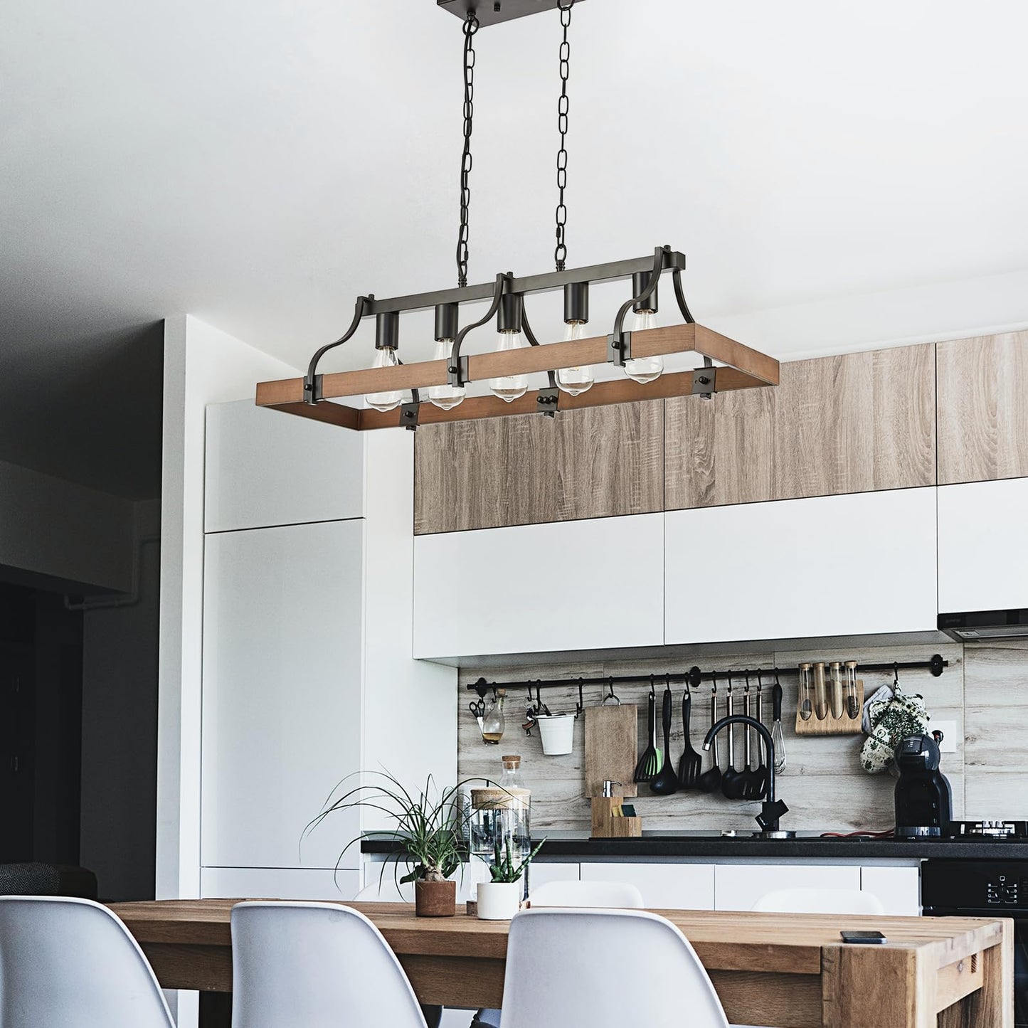 Feohak Farmhouse Chandeliers for Dining Room, 5-Light Rustic Kitchen Island Light Fixture, Wood Linear Industrial Black Rectangular Ceiling