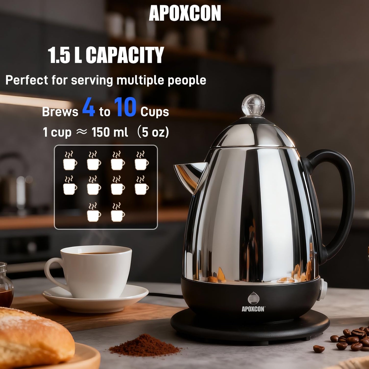 APOXCON Electric Coffee Percolator, Stainless Steel, with Clear Brew Progress Knob, No-Drip Spout, Auto Keep Warm, Cordless Serving, 10 Cup, Silver