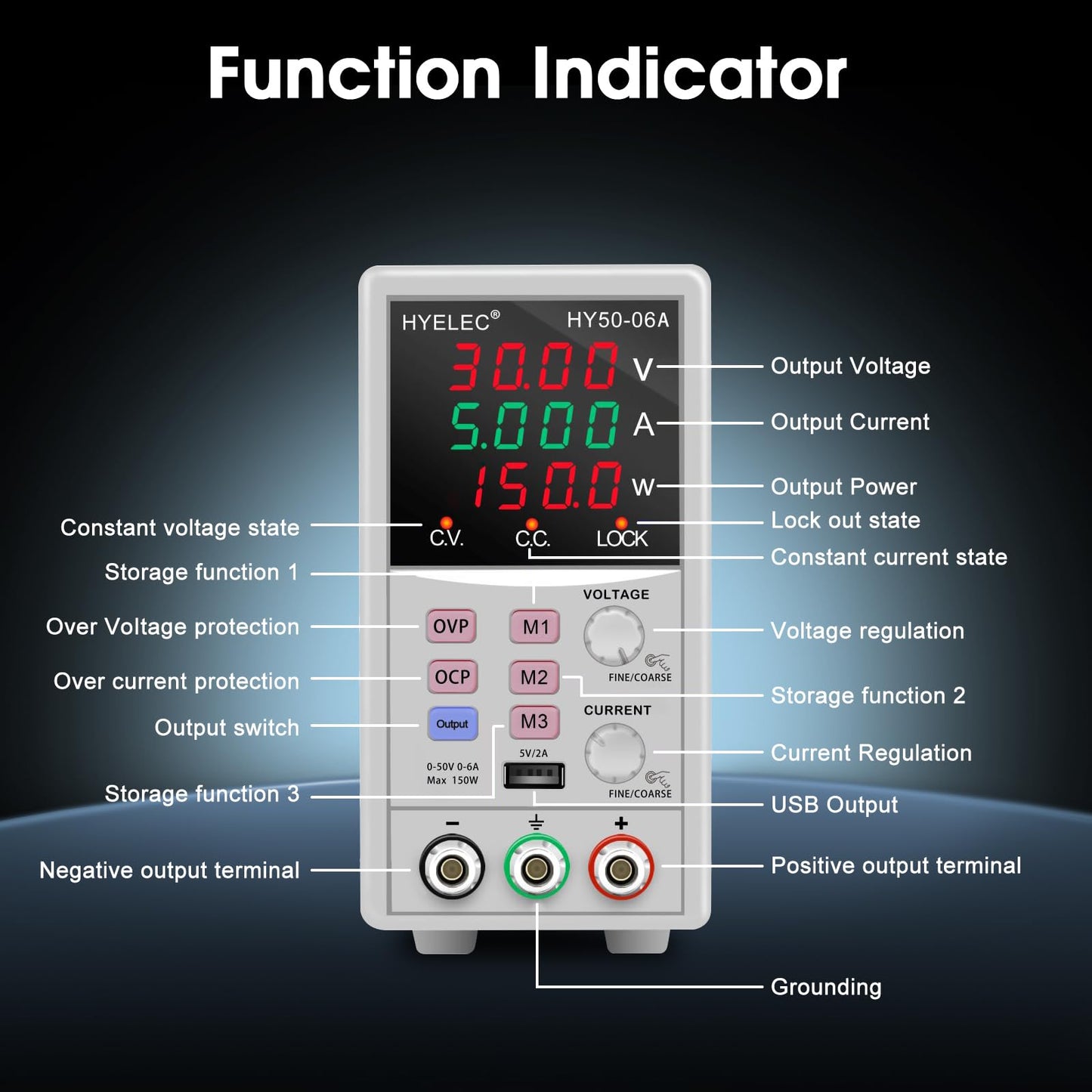 HYELEC Variable DC Power Supply,0-50V 0-6A max150W Switching Regulated Bench Power Supply with Memory, 4-Digit LED Display, 5V2A USB Interface, Output Switch, Coarse and Fine Adjustments