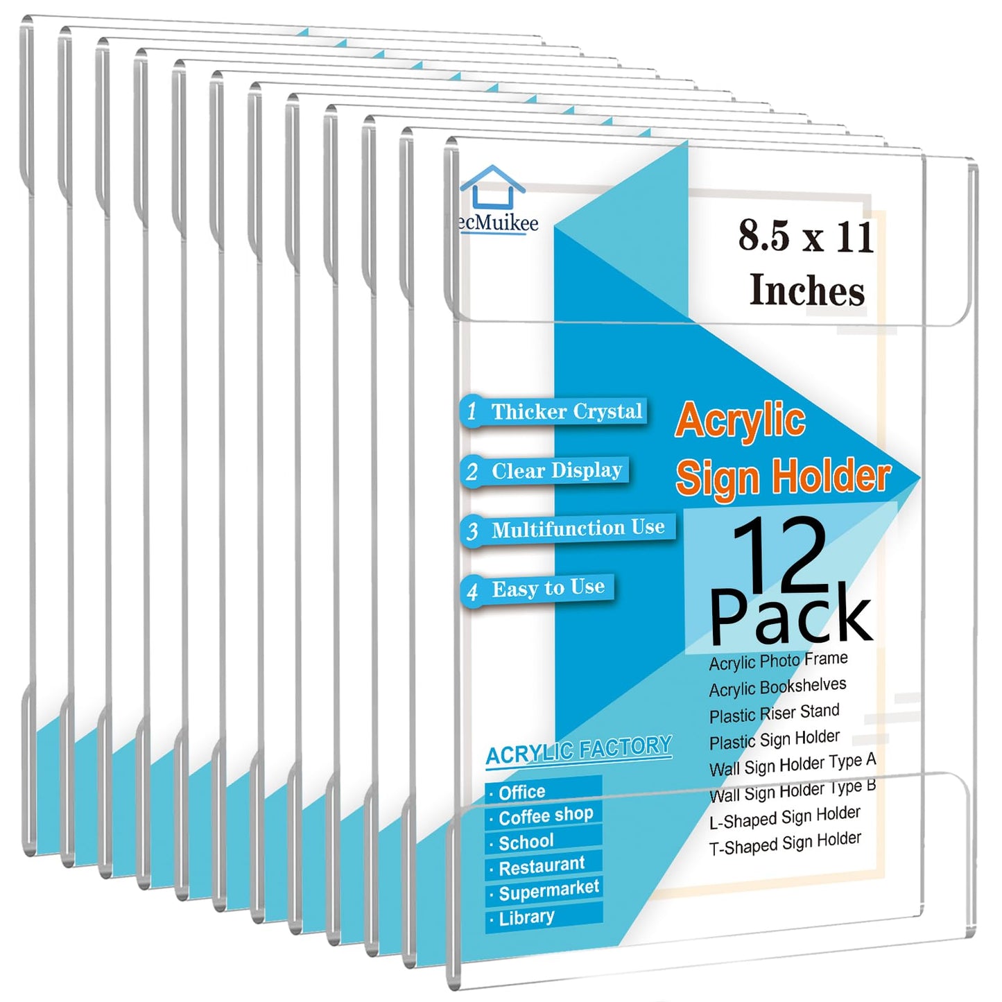 PecMuikee Acrylic Wall Sign Holder 8.5x11, No Drilling Wall Mount Acrylic Sign Holder and Plastic Paper Display Frame with 3M Tape for Restaurants, Office, Market, Library, Store, 12 Pcs