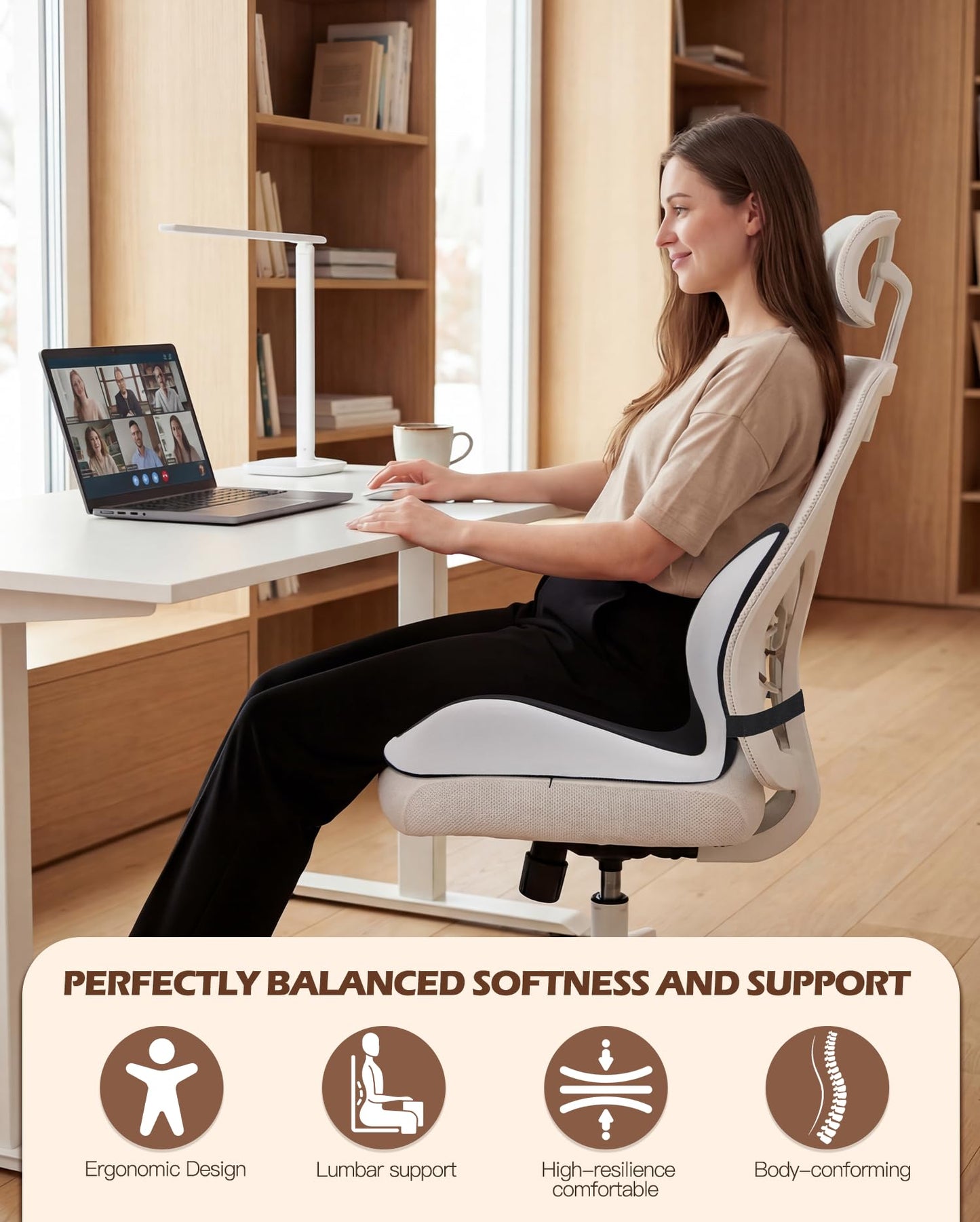 vdovsta Office Chair Cushion for Tailbone & Low Back Pain Relief, Seat Cushions for Office Chairs with Comfortable Foam and High Backrest, Suitable for Office Chairs, Cars, Trucks, and Home Chairs
