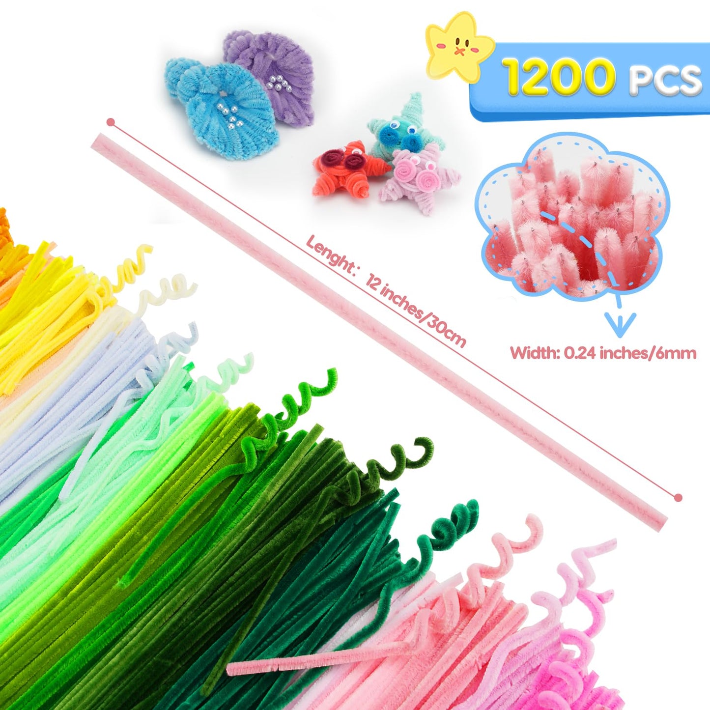 1200PCS Pipe Cleaners Craft, Pipe Cleaners Bulk for Arts and Crafts Supplies