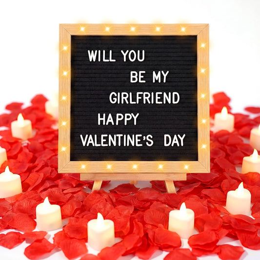 Ceenna Will You Be My Girlfriend Romantic Sign with LED Candles and Artificial Rose Petals Valentine's Day DIY Felt Letter Wood Board Sign with Lights for Valentine's Day Anniversary Party(Black)