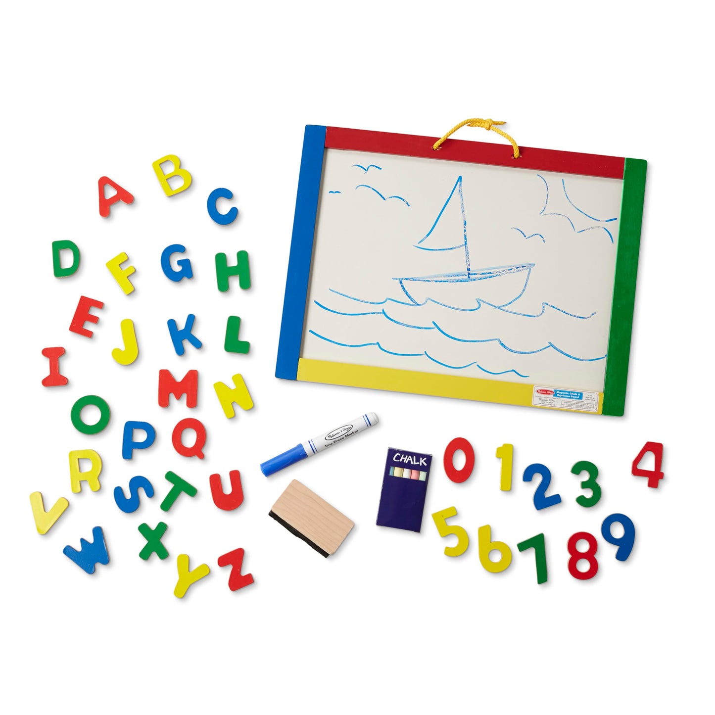 Melissa & Doug Magnetic Chalkboard and Dry-Erase Board with 36 Magnets (Numbers and Uppercase Letters), Chalk, Eraser, and Dry-Erase PenLetters and Numbers Learning Toys, Chalk Board