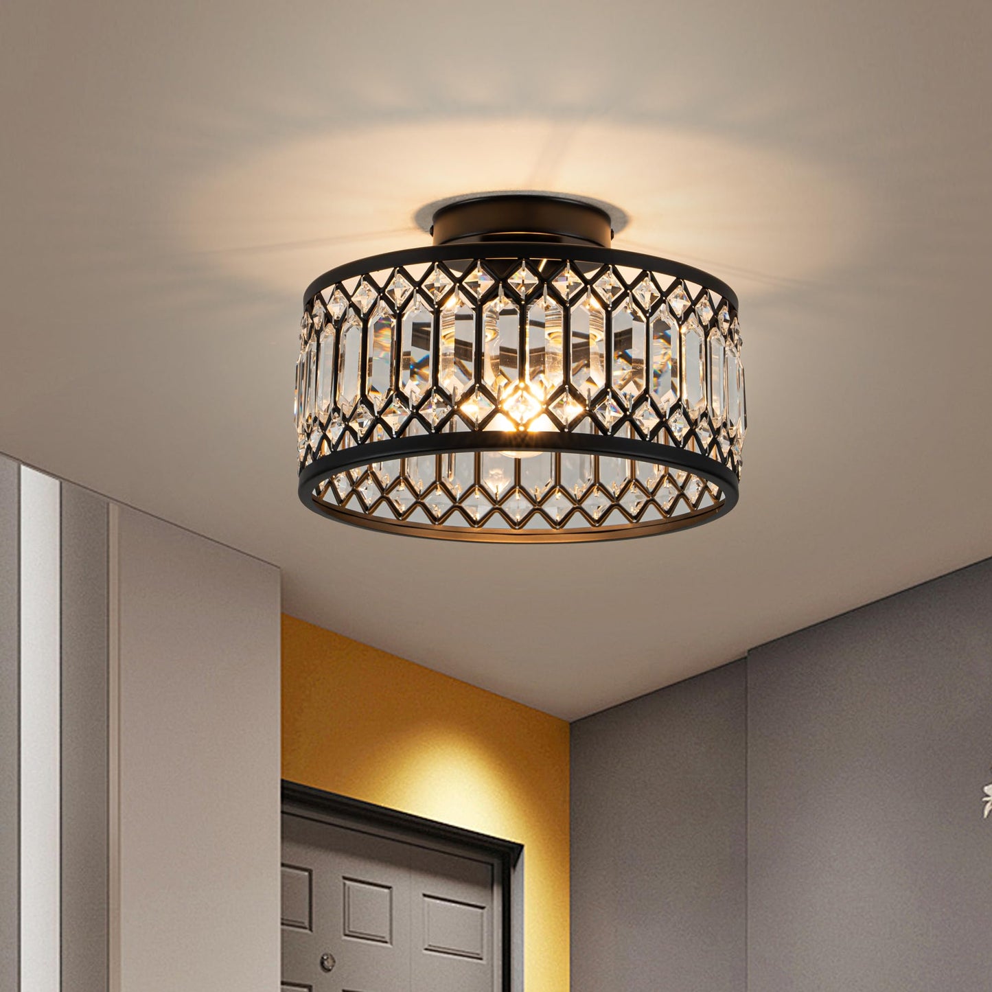 Rpzloila Crystal Ceiling Light Fixture, Modern Flush Mount Ceiling Light, Black Crystal Chandelier for Kitchen Bedroom Bathroom Entryway Hallway