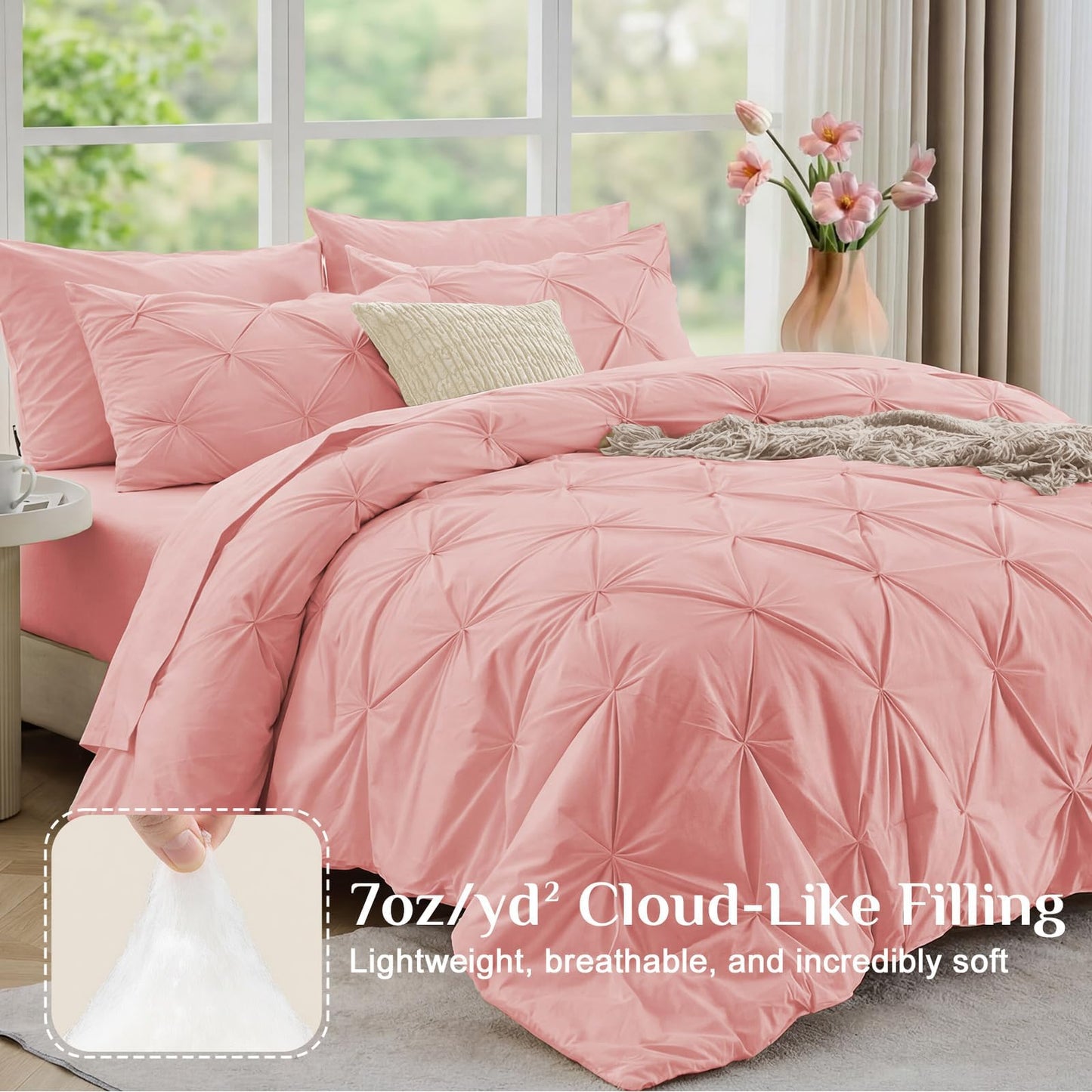 JOLLYVOGUE Full Size Comforter Sets 7 Pieces - Bed in a Bag Full for All Season, Pintuck Bedding Comforter Sets with Comforter, Flat Sheet, Fitted Sheet and Pillowcases & Shams, Pink