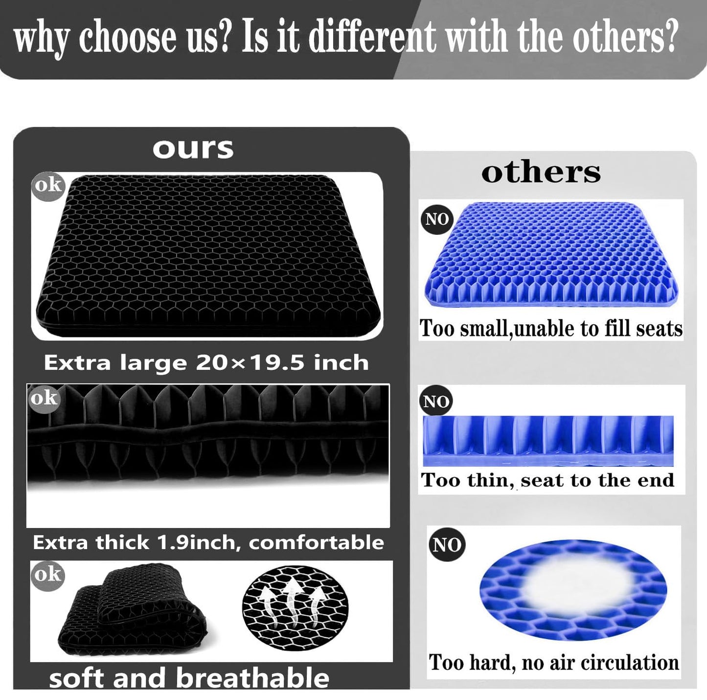 Plus Size Gel Seat Cushion for Long Sitting, Extra Large and Thick, Seat Cushion for Back, Sciatica, Hip, Tailbone Pain Relief, Used for The Office, Wheelchair, Car, Recliner, Stadium, Kayka.(Black)