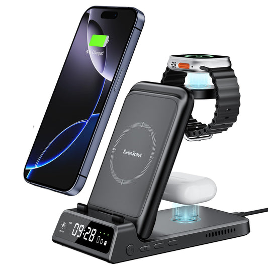 Charging Station for iPhone, SwanScout 703A, Wireless Charger for iPhone 16/15/14/13/12/11 Series, for Apple Watch 10/Ultra 2/9/8/7/6/5/SE, for Airpods Pro 2, Travel Foldable and Portable