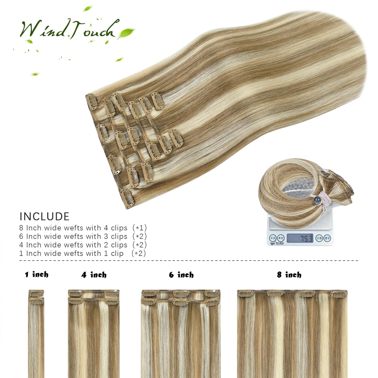 WindTouch Clip in Hair Extensions 100g Clip in Hair Extensions Real Human Hair Mixed Bleach Blonde Hair Extensions real hair extensions clip in human hair 7pc 20inch Thicher Hair Extensions
