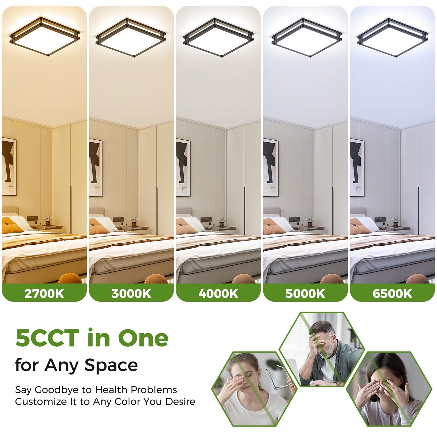 2-Pack 13 Inch Flush Mount LED Ceiling Light Fixtures, 36W 3200 Lumens Black Square Dimmable Ceiling Light, 2700K/3000K/4000K/5000K/6500K Adjustable Modern LED Lights for Bedroom Kitchen Bathroom