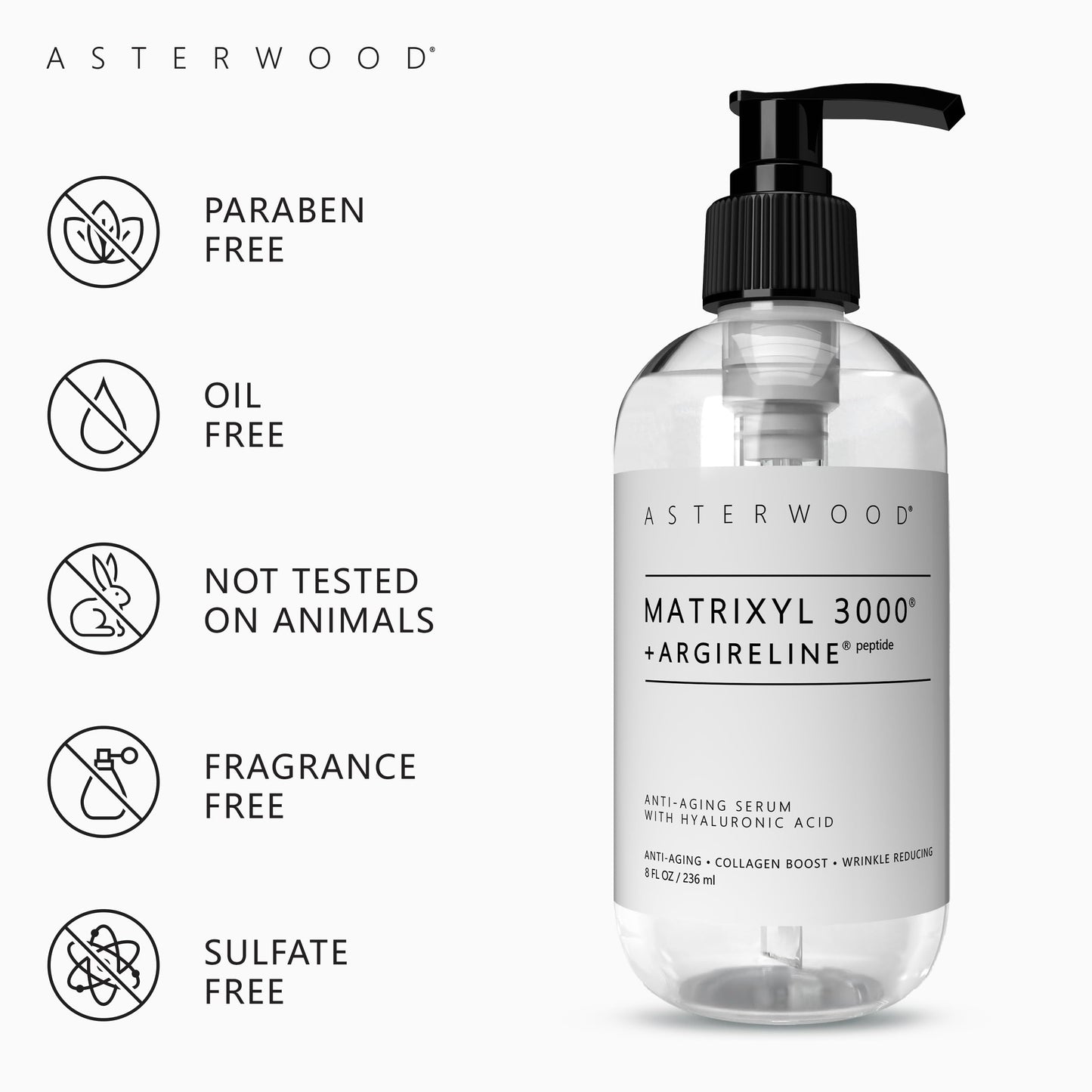 Asterwood Matrixyl 3000 + Argireline Serum with Hyaluronic Acid - Anti-Aging, Wrinkle Reducing, Collagen Boosting - Fragrance-Free - 8 Fl Oz