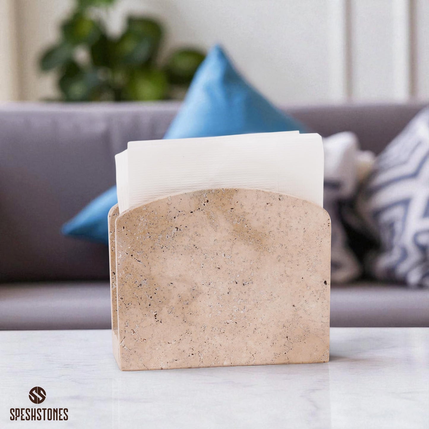 SPESHSTONES Marble Napkin Holder 6.5 Inch Handmade Travertine Napkin Holder for Table - Stone Paper Napkins Organizer for Kitchen Countertop & Bathroom Decor