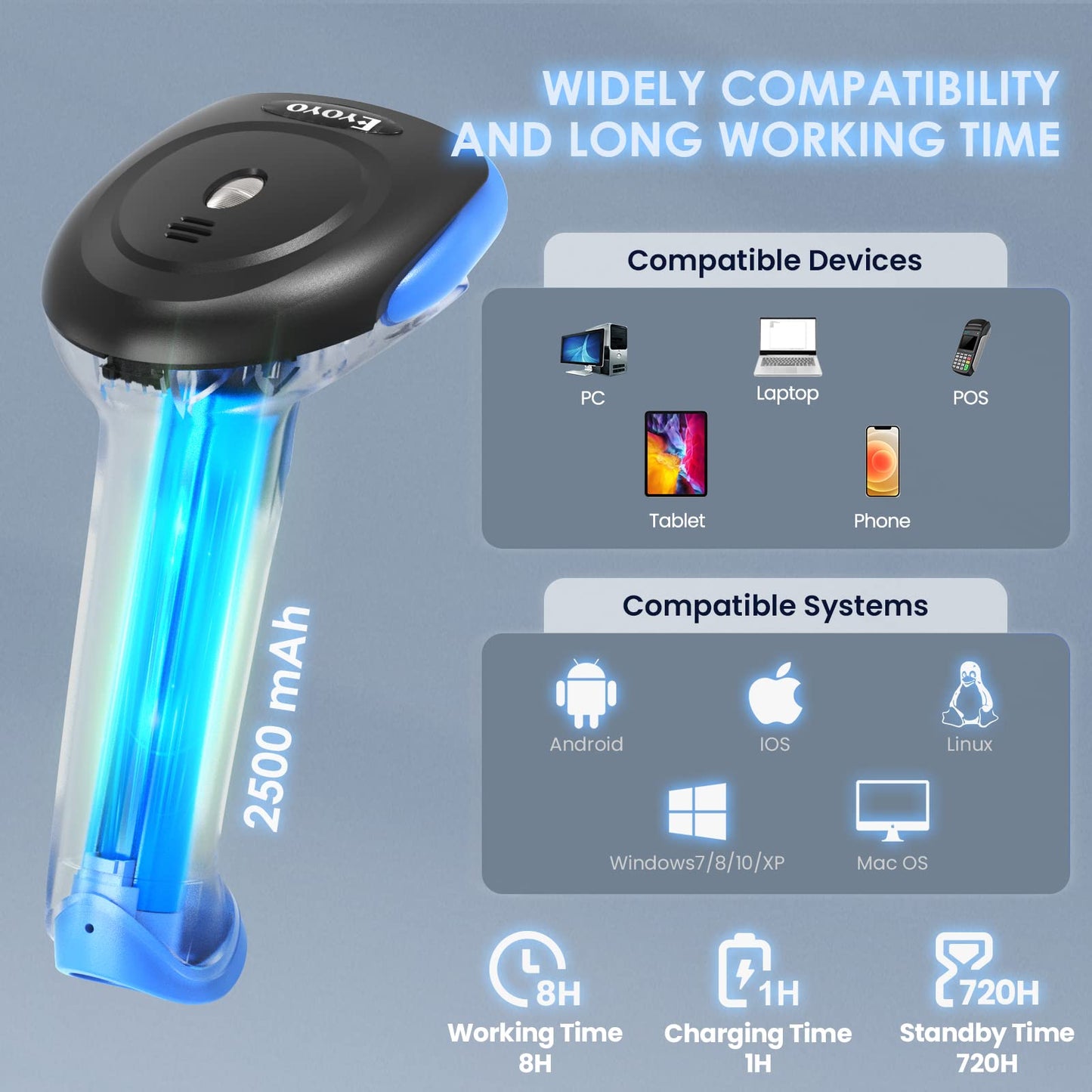 Eyoyo 1D 2D Barcode Scanner Wireless, Bluetooth 2500mAh Handheld Cordless USB Wired QR Bar Code Reader for Library, Warehouse Inventory Compatible with iPad, Android Phone, iPhone, Laptop