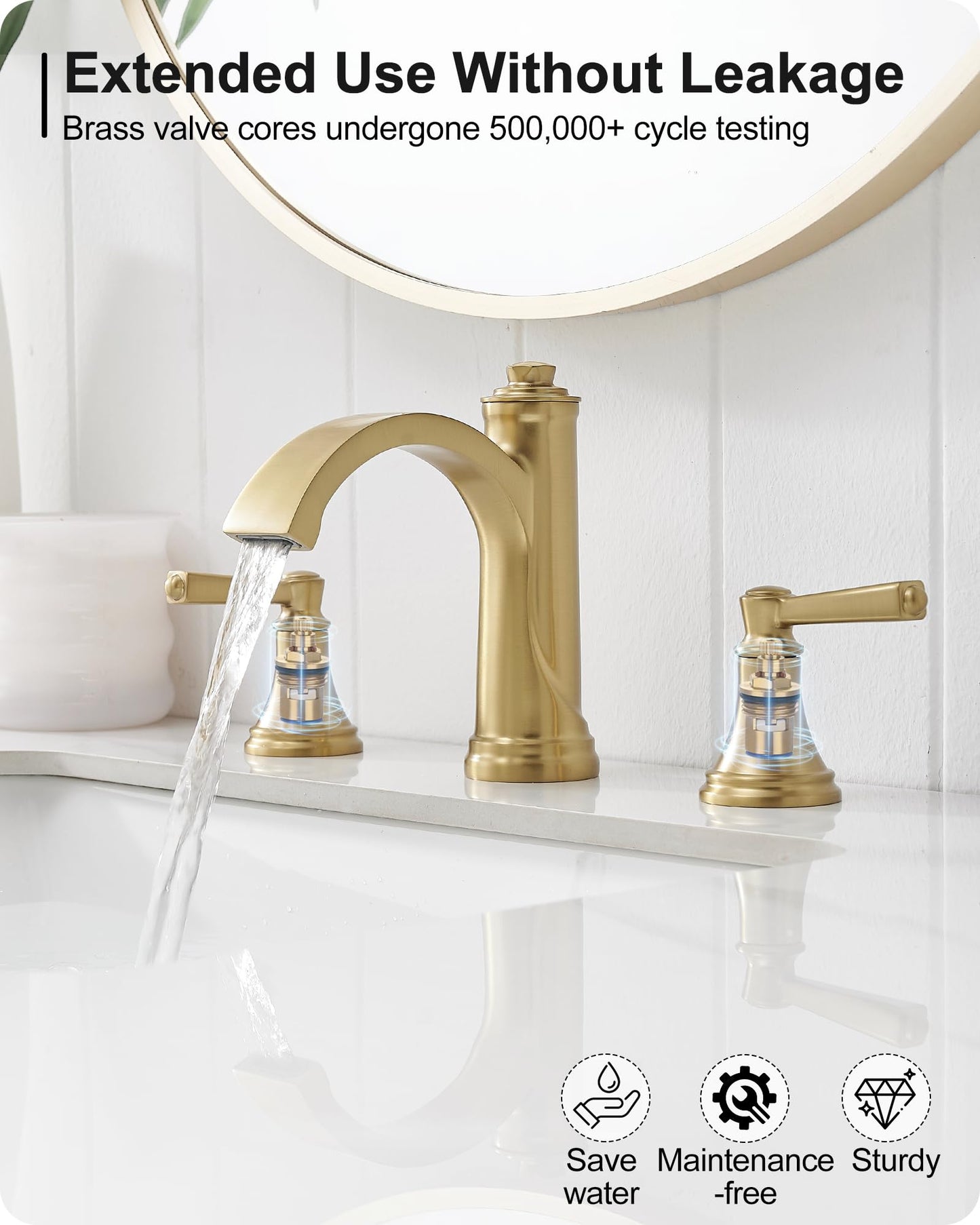 HEYMYTAP Brass Bathroom Waterfall Faucet, 4-16 Inch Brushed Gold Bathroom Faucet Widespread Bathroom Sink Faucet, 2 Handles Bathroom Faucets for Sink 3 Hole with Pop Up Drain, Water Hoses
