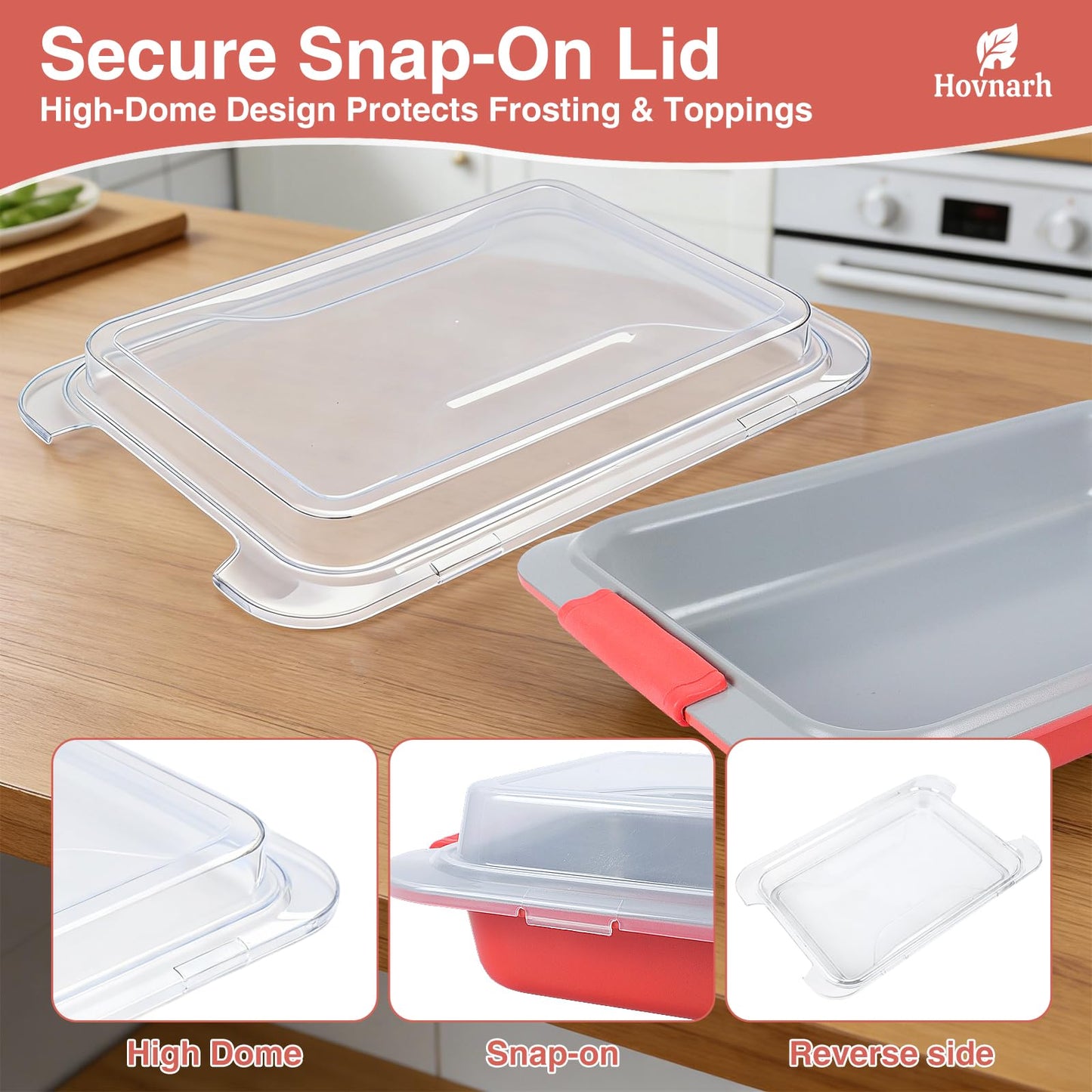 9x13 Baking Pan with Lid, Deep Nonstick Covered Cake Pan for RV & Convection Oven, Heavy Duty Warp-Resistant Pan with Silicone Handles, Snap-On Cover for Meal Prep, Storage, Transport (Coral Red)