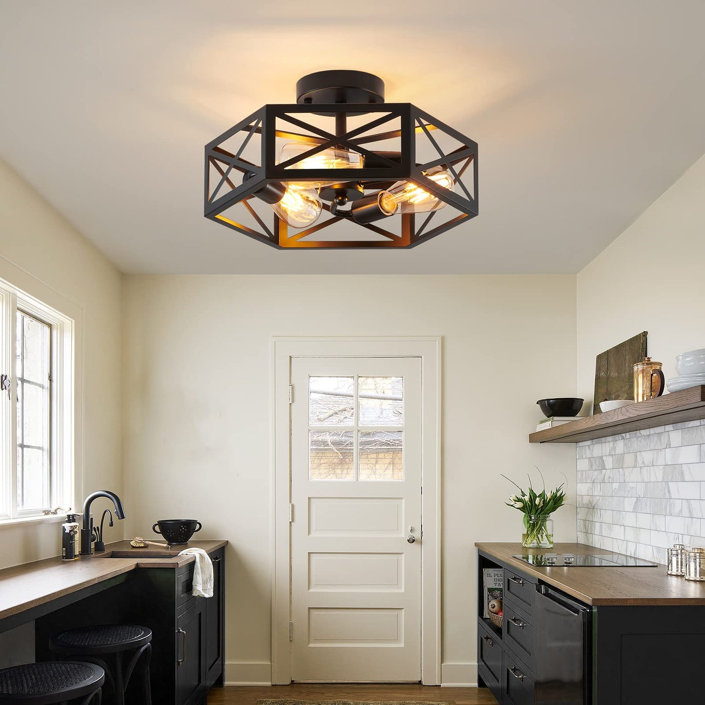 XSDeTu Semi Flush Mount Ceiling Light Fixture, Modern Farmhouse 3-Light Black Ceiling Light, Industrial Close to Ceiling Light with Metal Hexagon Cage Ceiling Lamp for Kitchen, Hallway, Bathroom