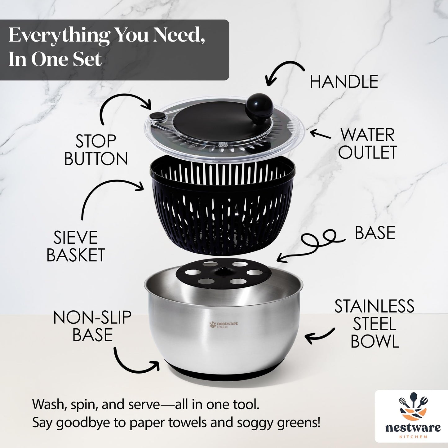 Nestware Kitchen Stainless Steel Salad Spinner Large, 5.3 Qt - Lettuce, Vegetable & Fruit Washer & Dryer with Quick-Stop Brake Button, Colander Basket & Non-Slip Base (304 Stainless Steel - Black)