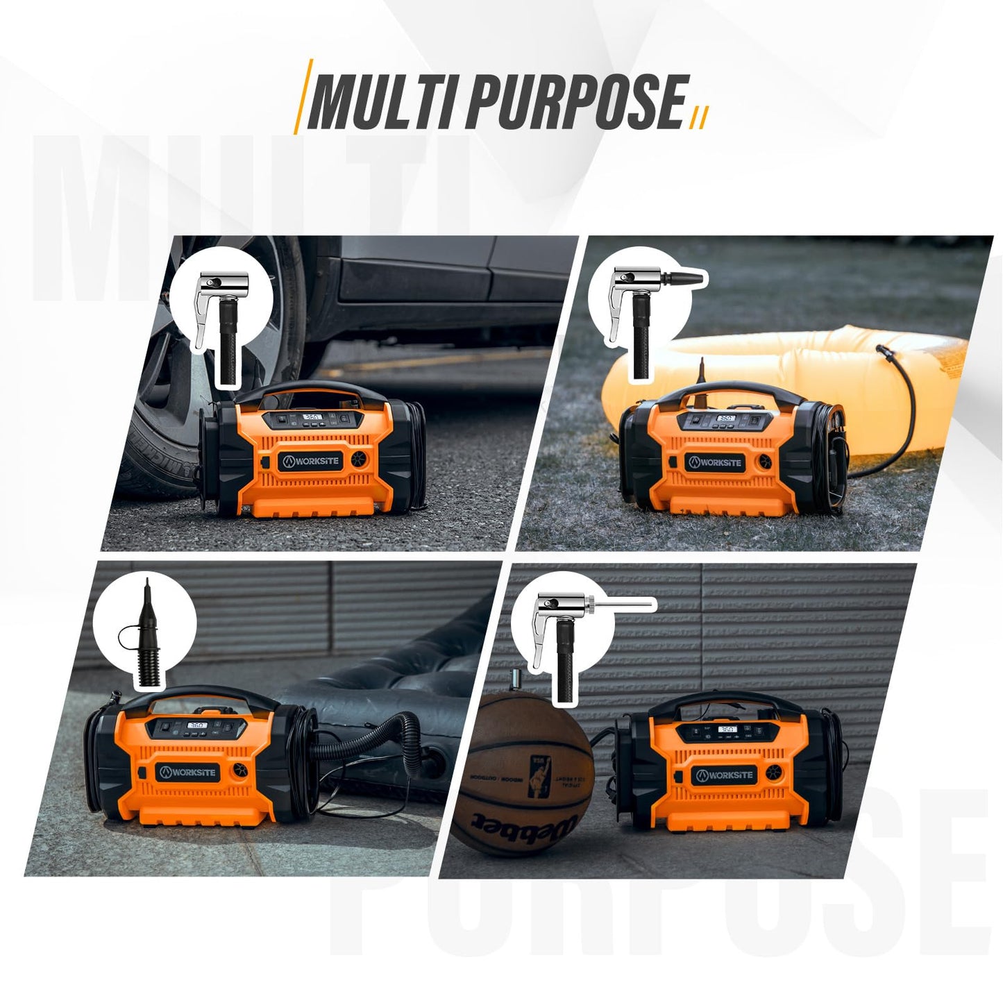 WORKSITE Tire Inflator Air compressor Portable, 160 PSI Car Tire Pump with 3 Power Supply (110V AC, 12V DC & 20V Battery) for cars, bikes, balls,Orange