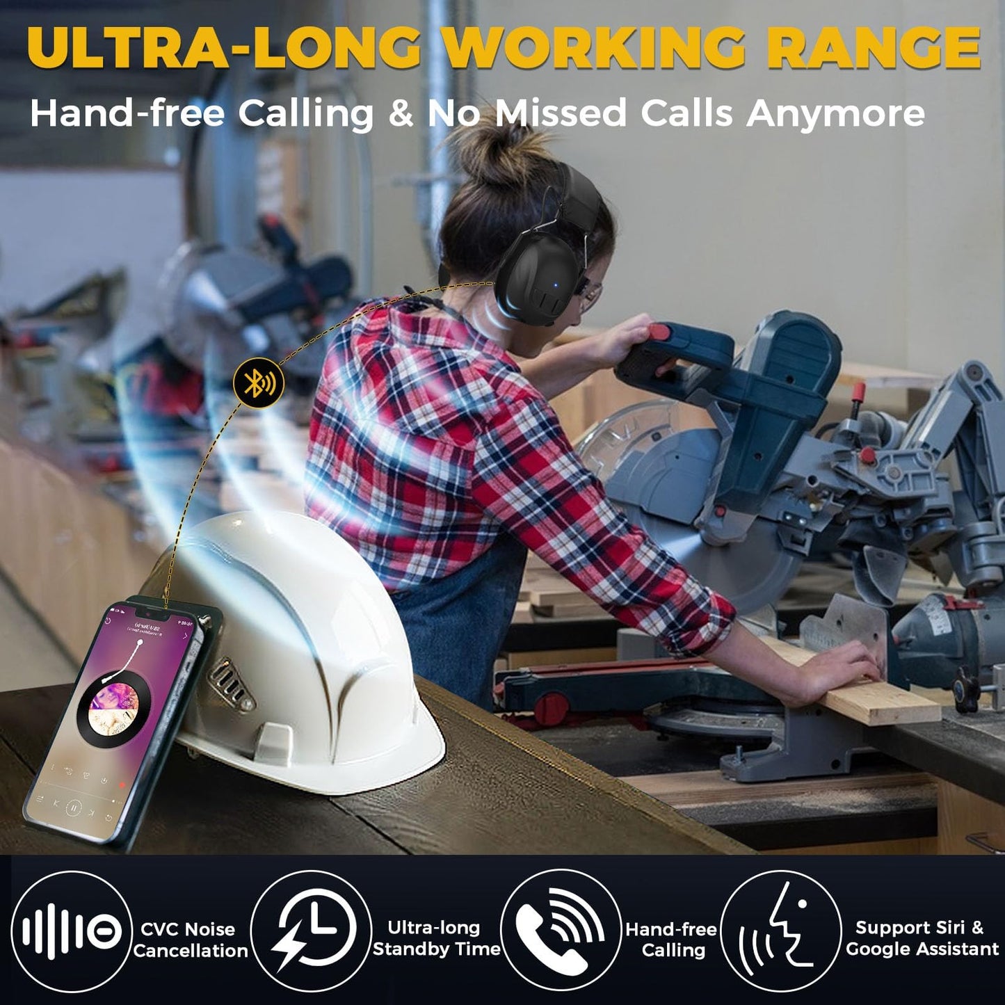 Kalence Gel Ear Pads Bluetooth 5.4 Hearing Protection Headphones, 30dB Noise Cancelling Headphones, 1200mAh Rechargeable Safety Earmuffs Bluetooth Ear Protection for Mowing