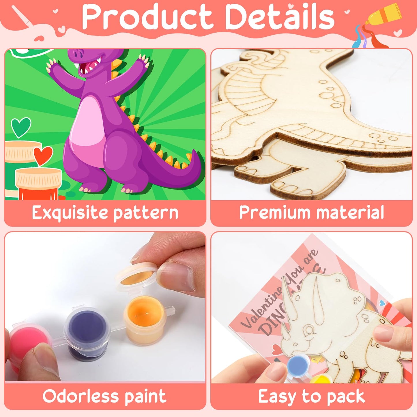 Ximoeo 26 Sets of Dinosaur Wood Paint Crafts Set Valentine's Day Gifts for Kids with Valentine's Day Card School Classroom Valentine Gifts Boy Girl Exchange Party Favors Goodie Bags for Kids