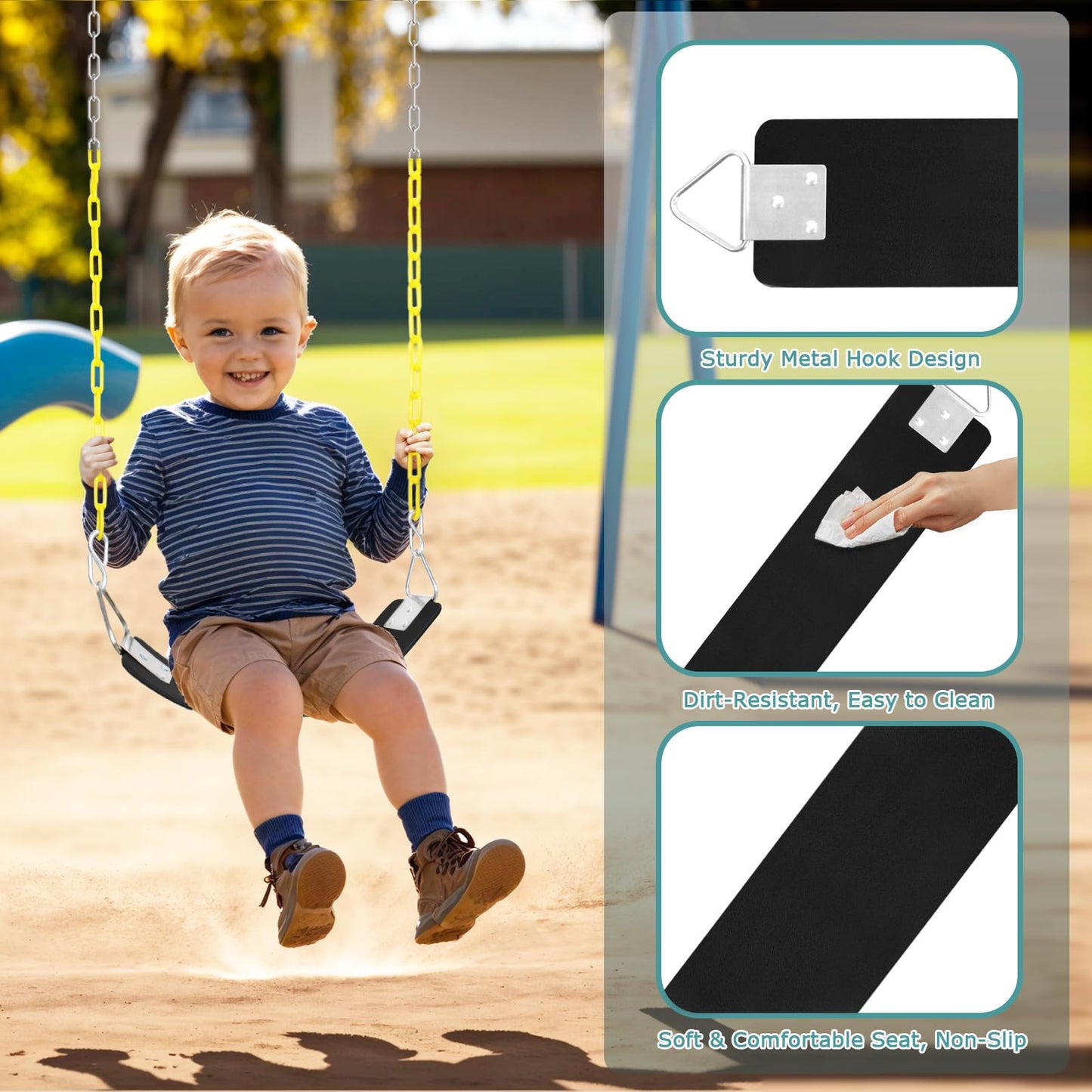 2 Pcs Swing Seat with Metal Triangle Ring 30.4 x 5.9 Inch, Support 300lb, Heavy Duty Swing Set Replacement Accessories for Kids & Adults Outdoor, Playground,Trees, Backyard (Black)