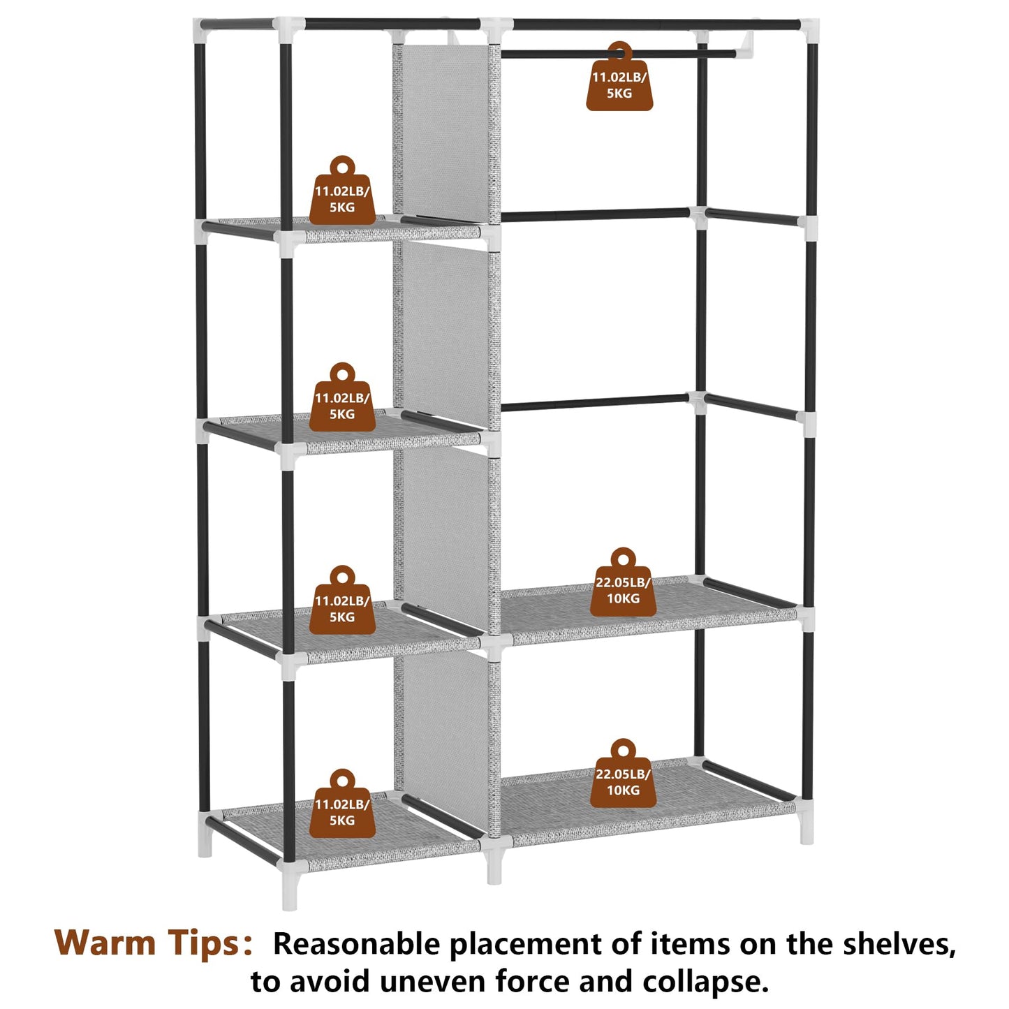 Calmootey Portable Closet Organizers, Clothing Storage, Wardrobe with 6 Shelves and Hanging Rod, Non-Woven Fabric Cover with 4 Side Pockets, Ash Grey