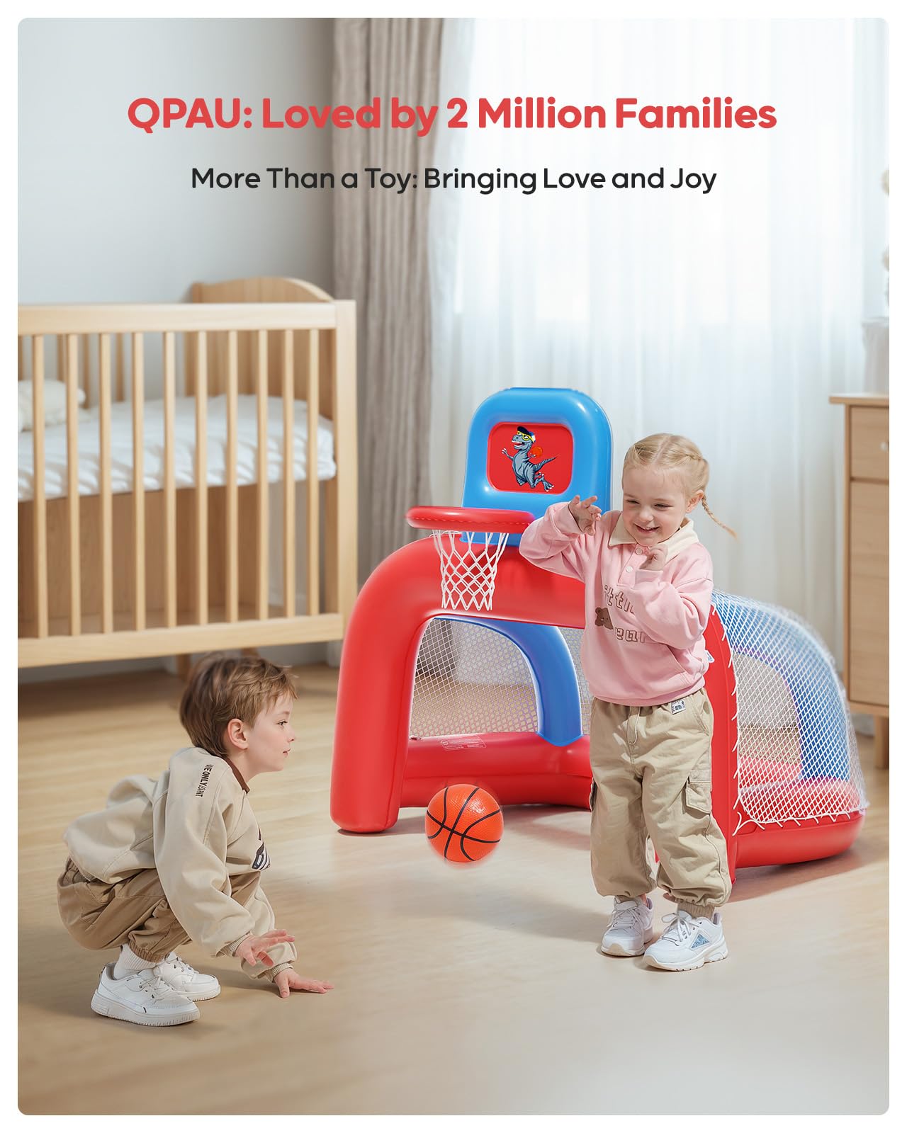 QPAU 2-in-1 Inflatable Basketball Hoop Set, Indoor Basketball Goal & Soccer for Kids, Basketball Hoop for Ages 1-5, Toys for Toddlers, Boys and Girls Gift